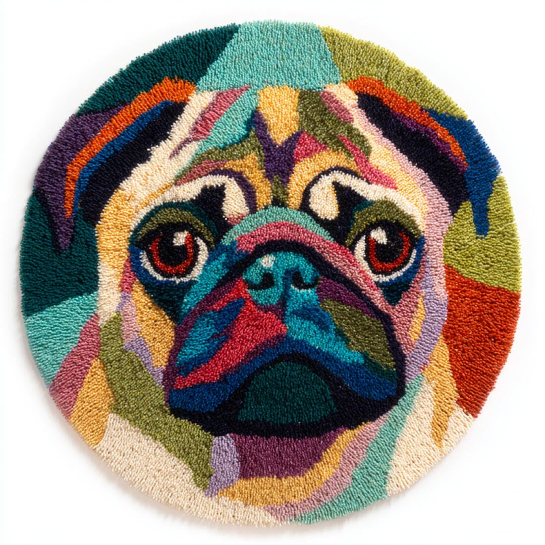 Rqwybcaxn DIY Latch Hook Rug Kit for Beginners Animal Crochet Starter Kit Colorful Pug 60x60cm Round Washable Area Rug Bedroom Wall Hanging