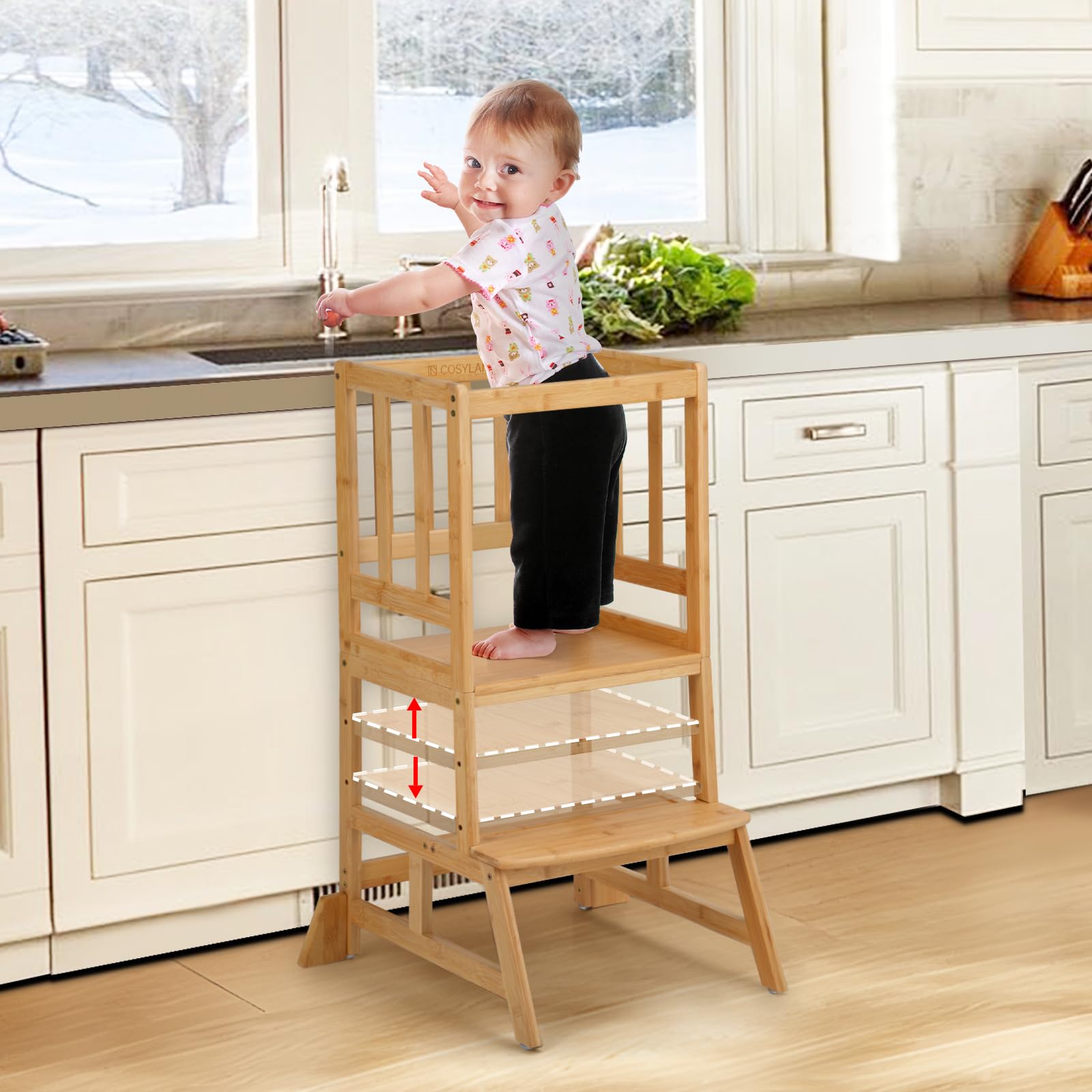 COSYLAND Height Adjustable Kids Kitchen Step Stool with Anti-tip Support Corners - Kids Standing Tower for Kitchen Counter, Bathroom, Nursery (Dark Yellow)