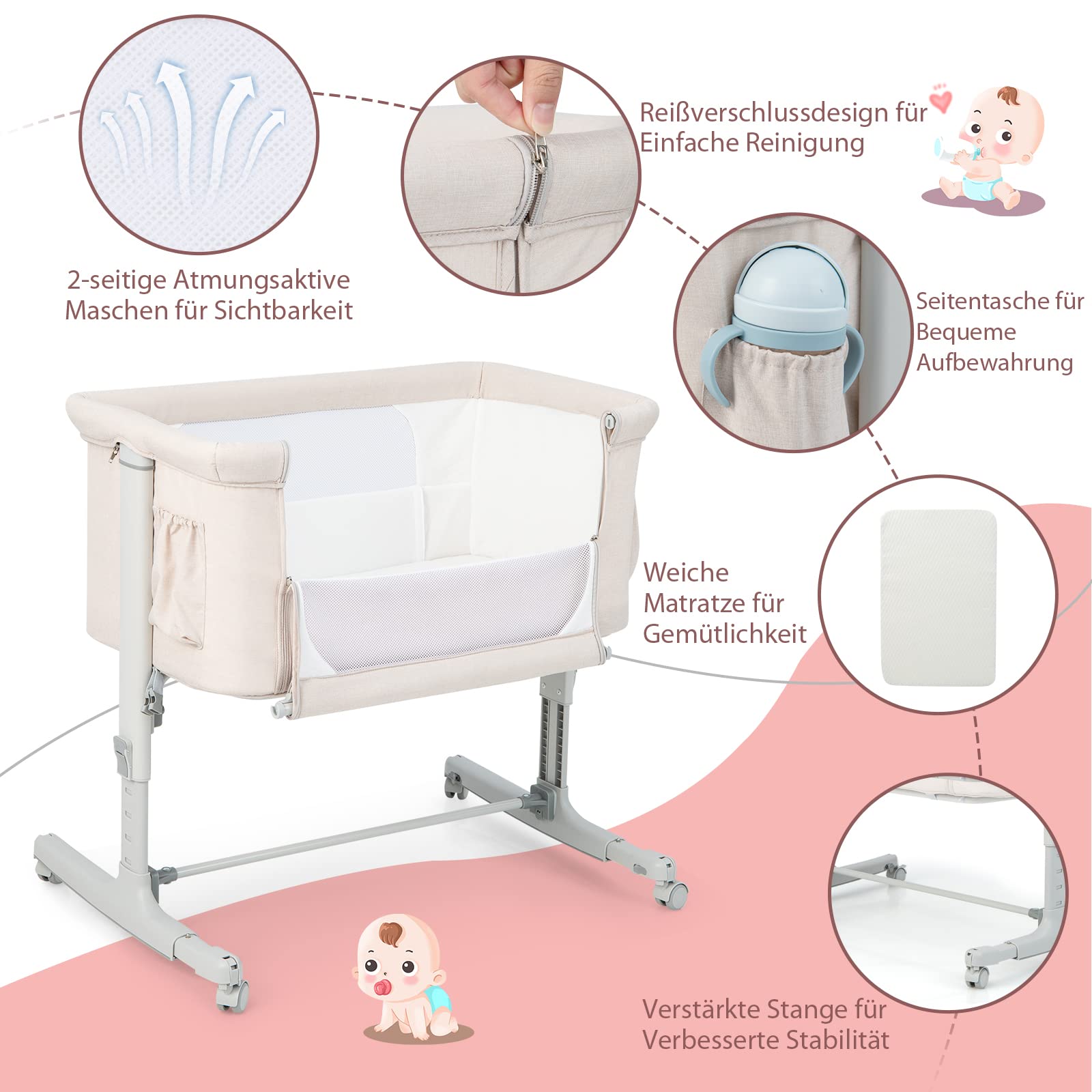 COSTWAY 3 in 1 Beistellbett & Babywiege & Reisebett, 5-stufig Höhenverstellbares Babybett, neigbar, Kinderbett inkl. Matratze, Tragetasche, Stubenwagen für Babys bis 9kg belastbar (Beige)