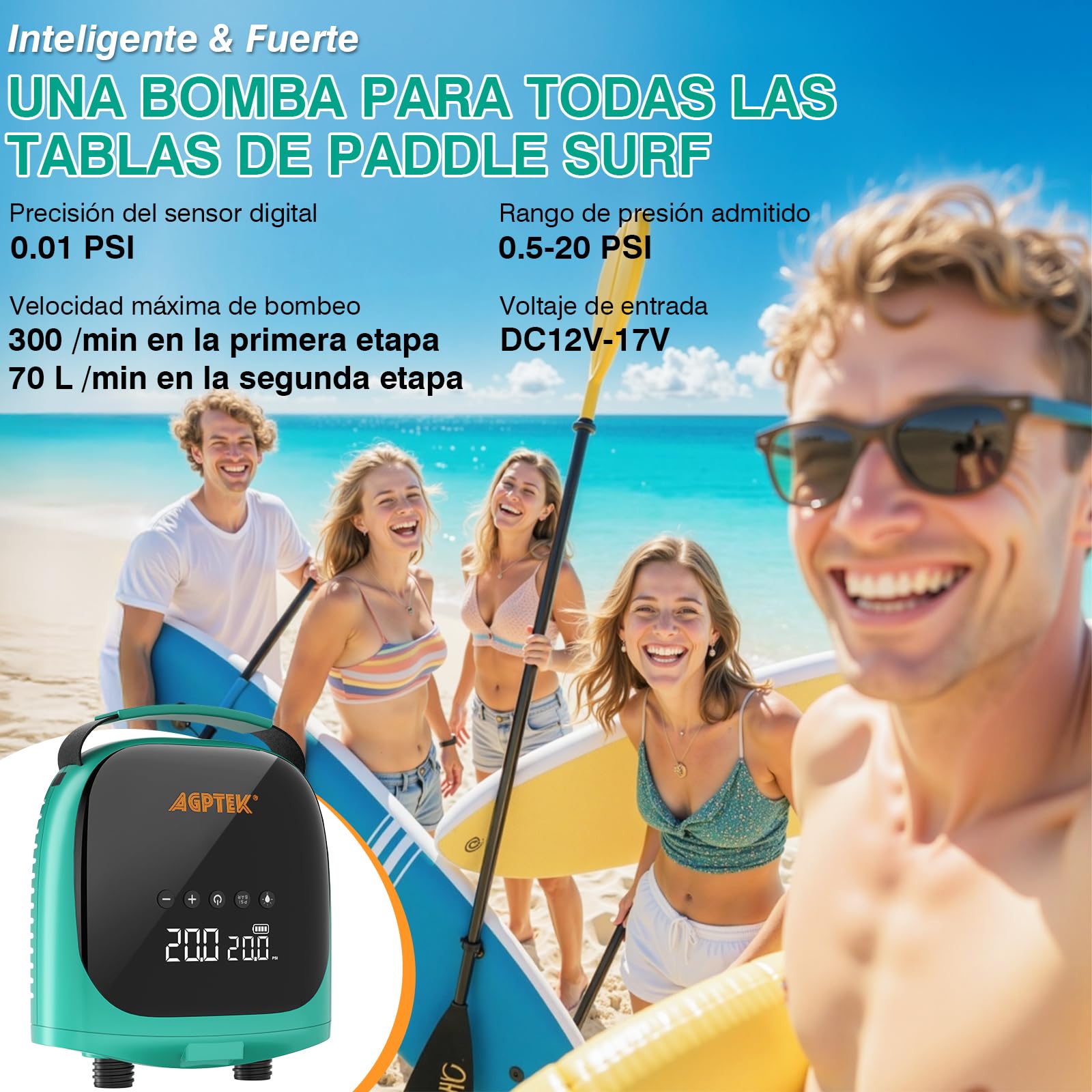 AGPTEK Inflador Paddle Surf Eléctrico Portátil, 20PSI, Autoapagado | 12V Coche, 6 Boquillas, Inflado/Desinflado Rápido, Paddle Surf, SUP, Kayak, Bote Inflable, Hinchable, Apagado Automático