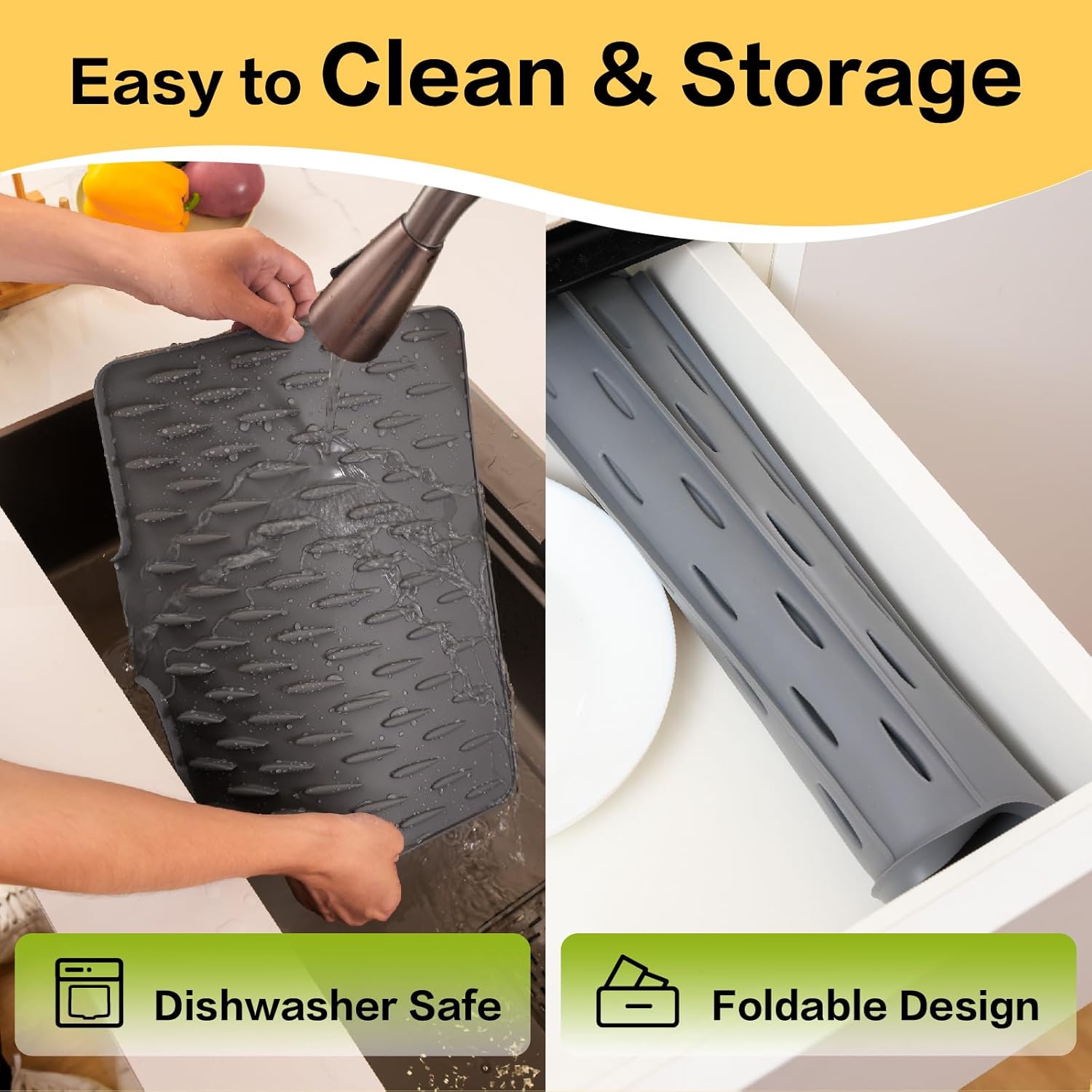 Silicone Dish Drying Mat for Kitchen Counter, Fast Draina