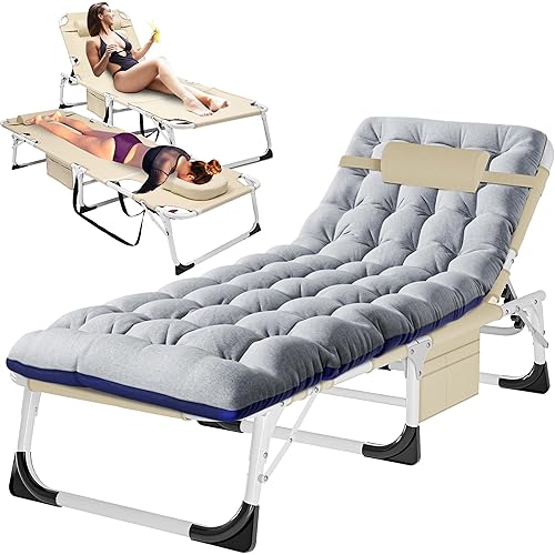 H&ZT Folding Lounge Chair with Face Opening – Adjustable Outdoor Reclining Tanning Chair with Mattress, Heavy-Duty Sun Lounger for Patio, Pool, Beach, Lawn (1, Khaki Standard Frame+Gray Cushion)
