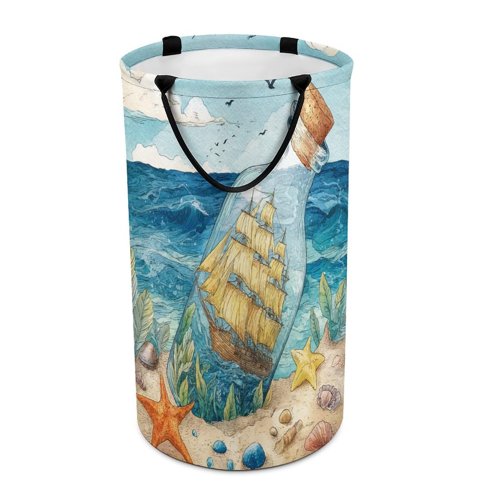 LUYYSKY Vintage Funny Pirate Ship Collapsible Dirty Clothes Basket, Modern Nautical Seaside Animals Seagulls Starfish Portable Clothes Storage Laundry Basket-40 CM Dia, 69 CM High