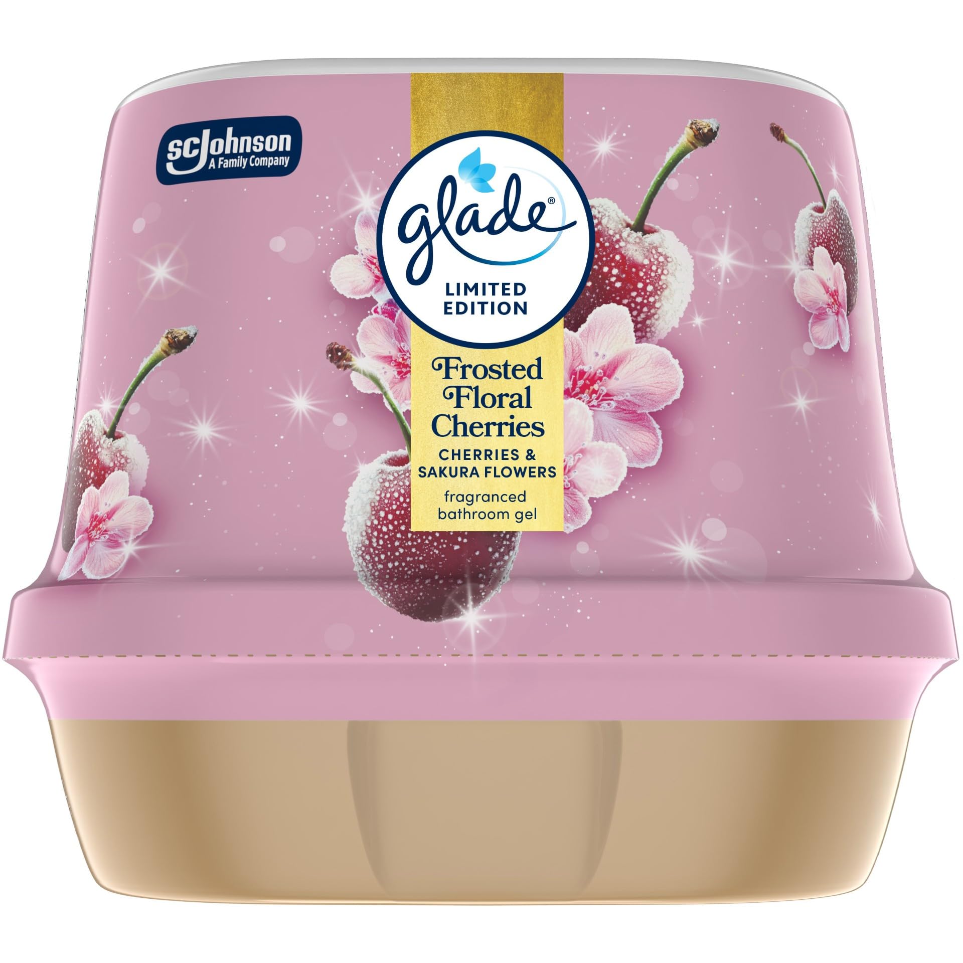 gladeFragranced Bathroom Gel, Air Freshener and Discreet Odour Eliminator, Frosted Floral Cherries, 180g (Packaging May Vary)