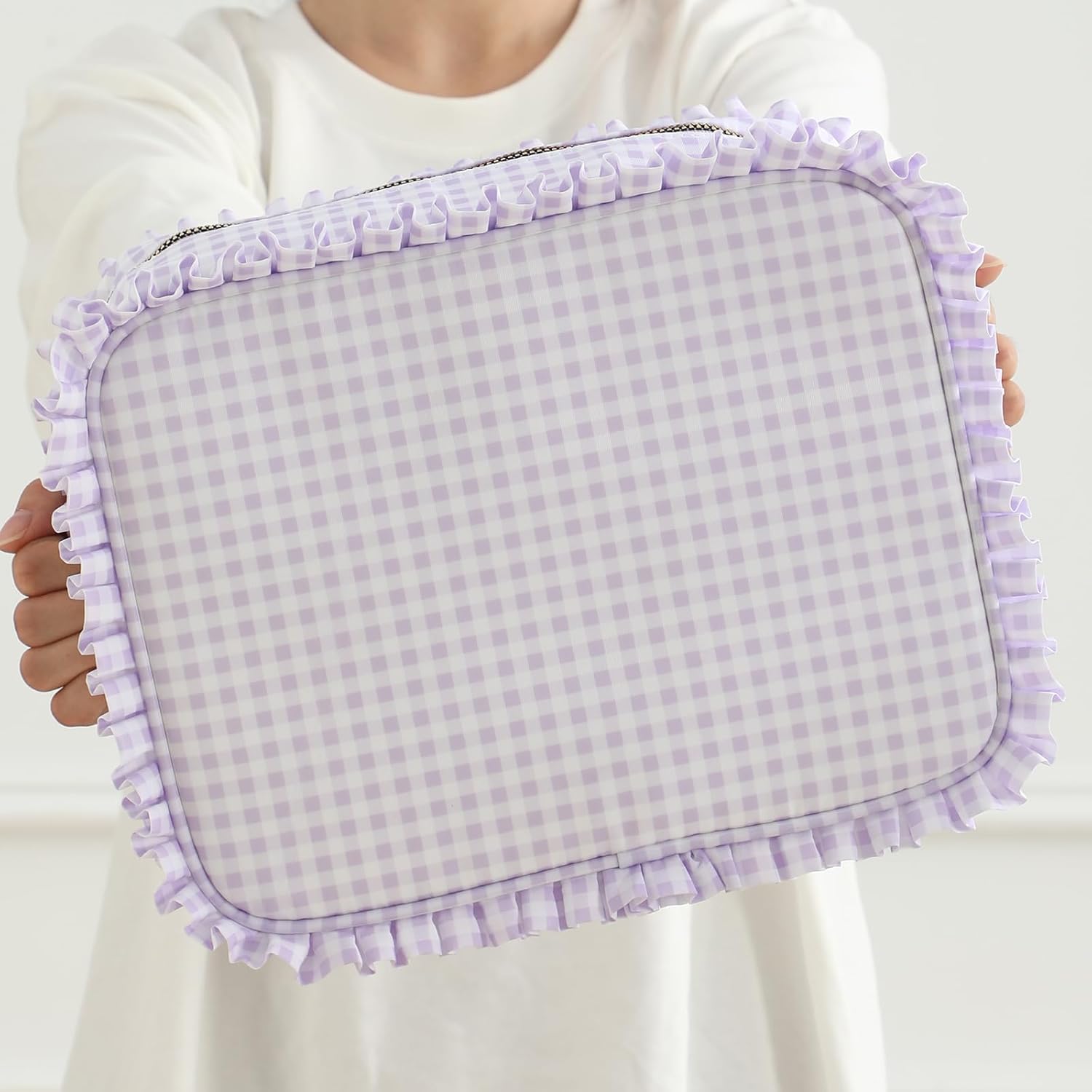 Gingham Ruffle Makeup Bag,Large Travel Cute Cosmetic Bag for Women Girls,Toiletry Bag Make up Organizer 10.8 x 4.5 x 8 inch (Purple Gingham) - Image 7