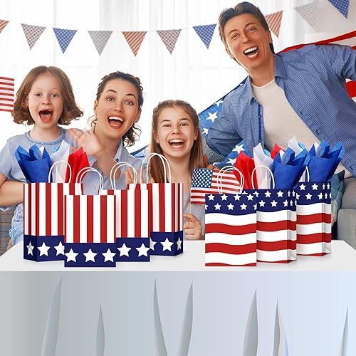 Miniatura 6 de Tisancy 30 bolsas de regalo patrióticas con asa con 30 piezas de papel de seda rojo, blanco y azul, bolsas de regalo del 4 de julio, bandera