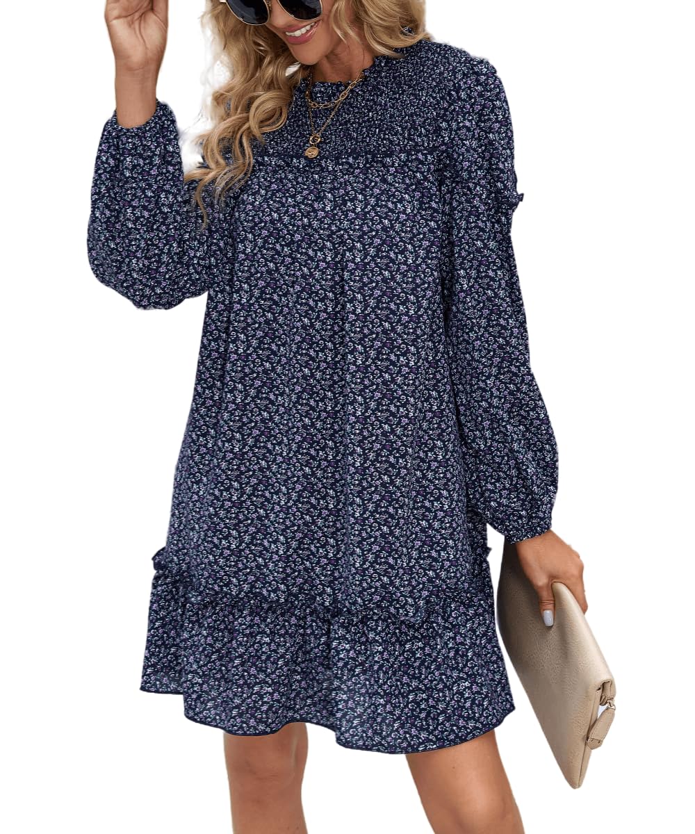 YOXUAWomens Boho Floral Casual Dresses, Ruffle Long Sleeve V Neck Tie Loose Elegant Shirt Flowy Party Dresses