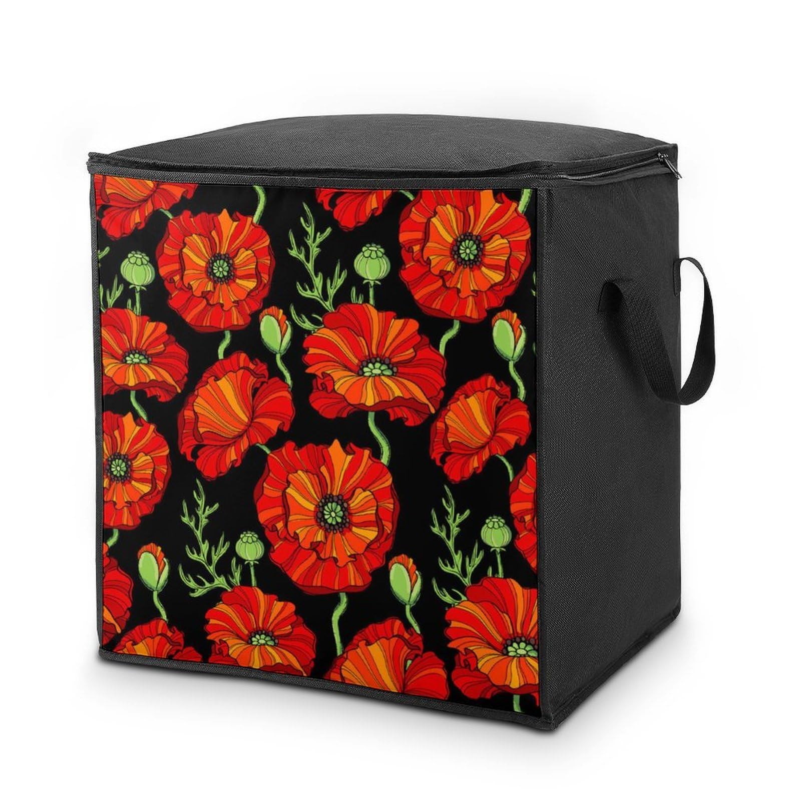 Lyfthologen 70L Storage Bags, Red Poppy Flowers Storage Box with Lid Zipper And Handles, Clothes Bags for Quilt, Blankets, Bedding