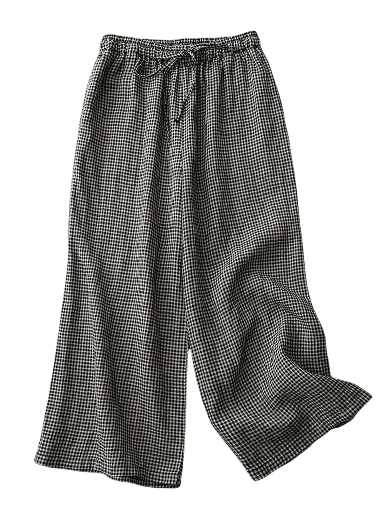 Womens Plaid Wide Leg Pants Dressy Casual Drawstring Elastic Waist Loose Lounge Trousers with Pockets