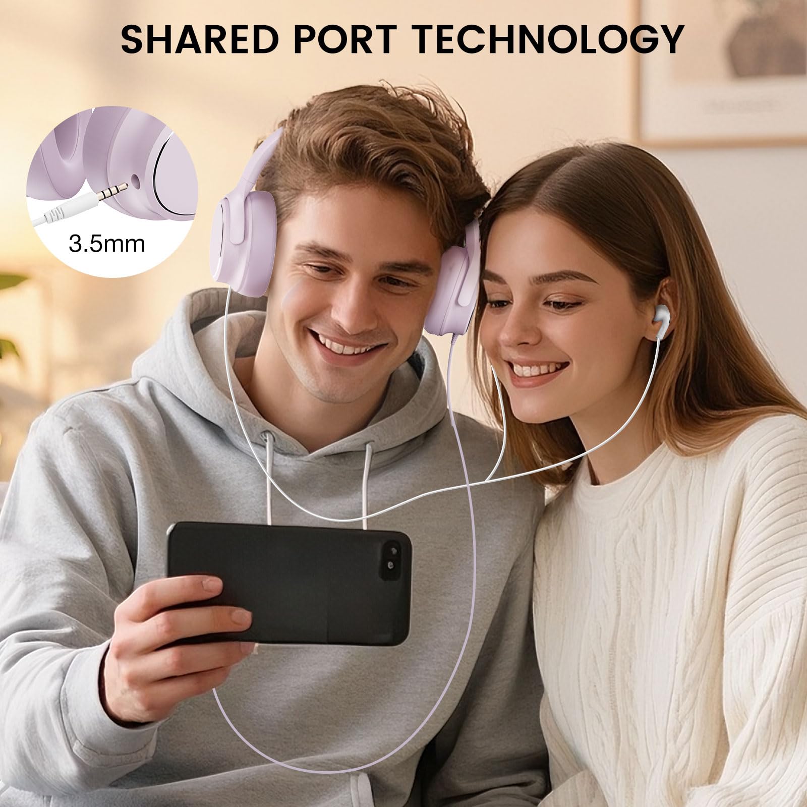 Cuffie over-ear con cavo USB C, con microfono, controllo del volume, porta di condivisione e archetto regolabile, cuffie stereo pieghevoli, per adulti/adolescenti, per iPhone 16, laptop, giochi