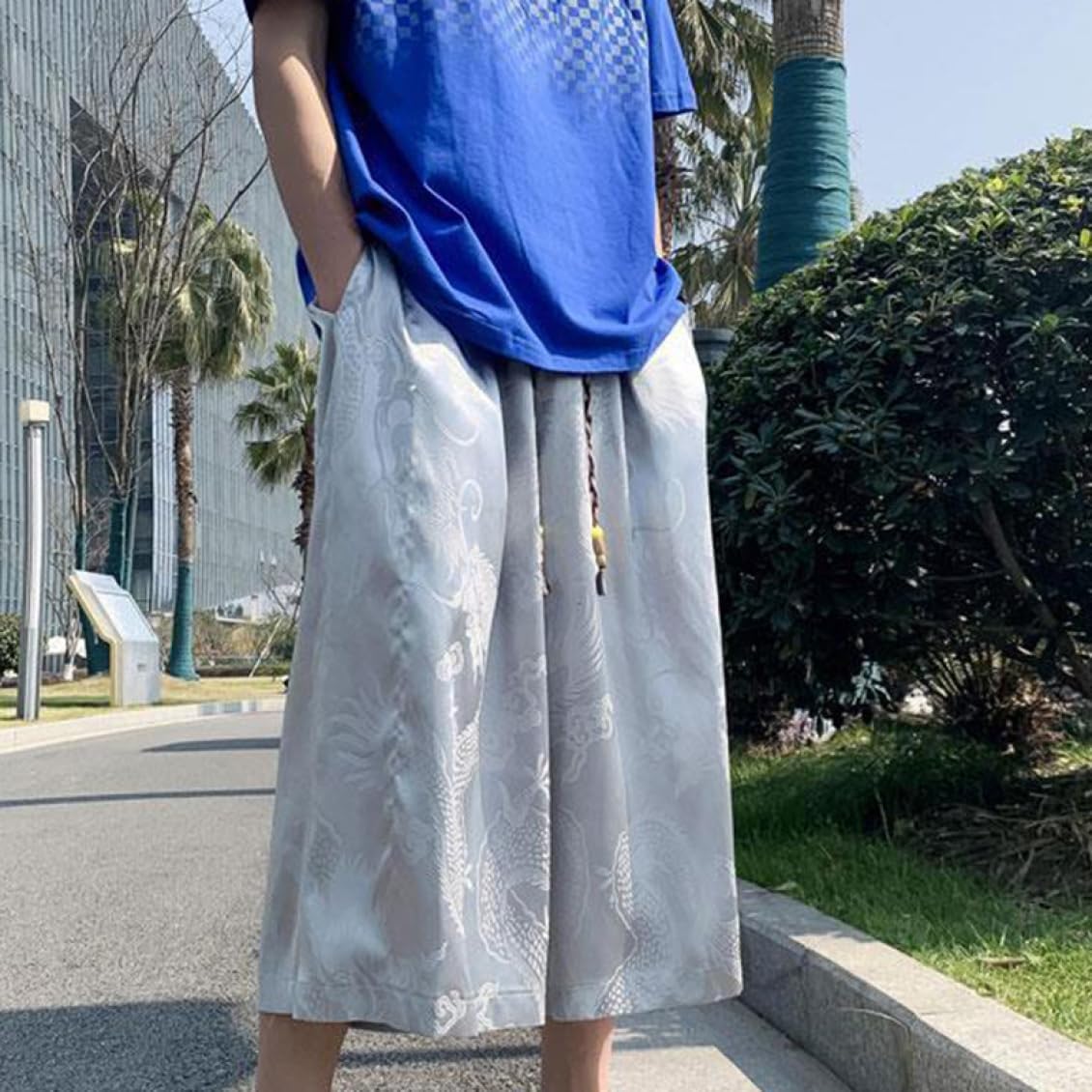 [lsjdln] ワイドパンツ 7分丈 接触冷感 袴パンツ サルエルパンツ スカートパンツ 夏 メンズ 薄手 光沢感 落ち感 ゆった