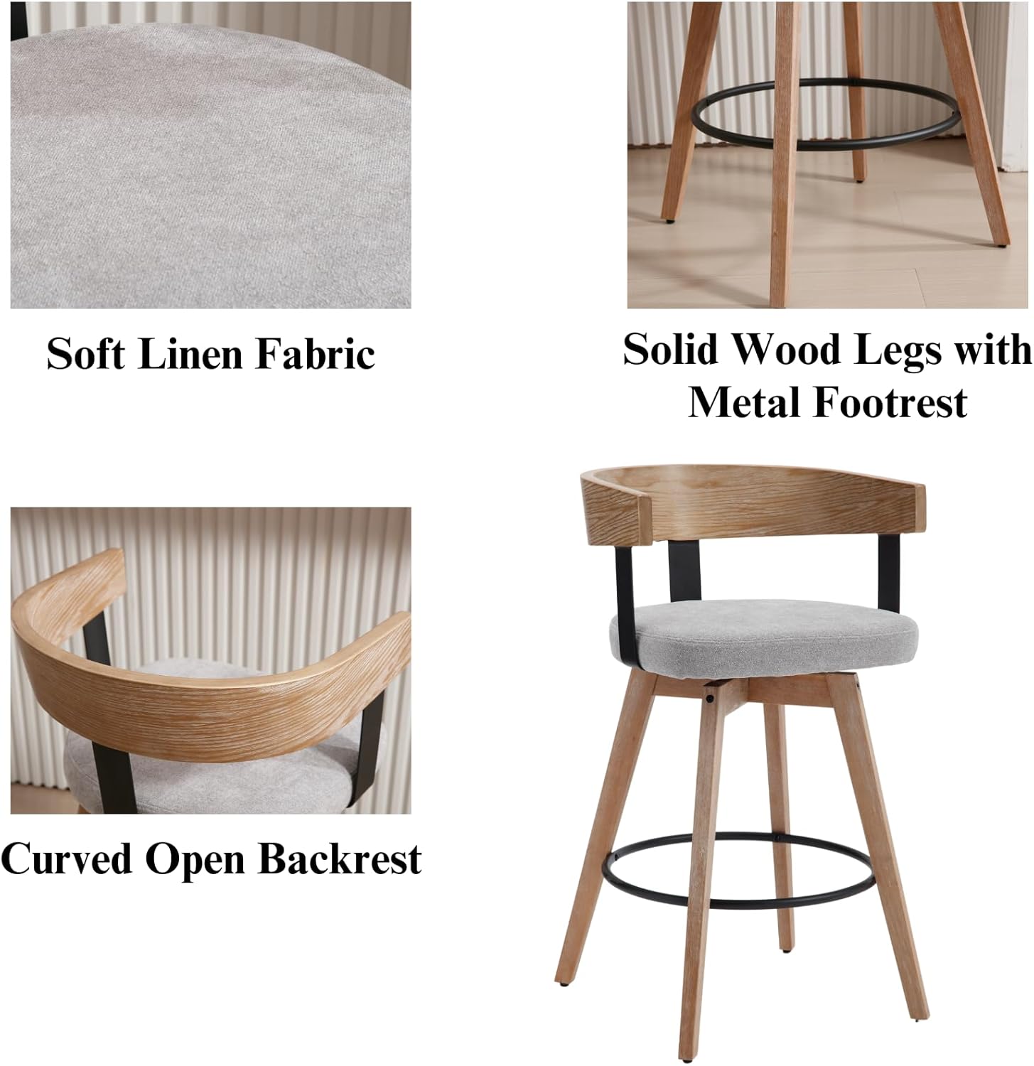 LukeAlon Linen Counter Stools Set of 3, 360-Degree Swivel Wooden Kitchen Stools with Wood Full Back 26.25" Seat Height Low Barstools Mid-Century Kitchen Chairs for Dining Room Kitchen Island, Grey