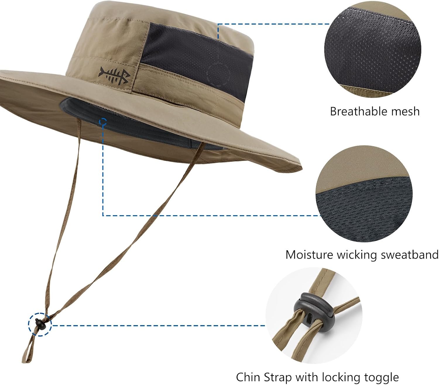 BASSDASH UPF 50+ Fishing Sun Hat Water Resistant Unisex Wide Brim Bucket Boonie Hat for Hiking Camping Safari FH15