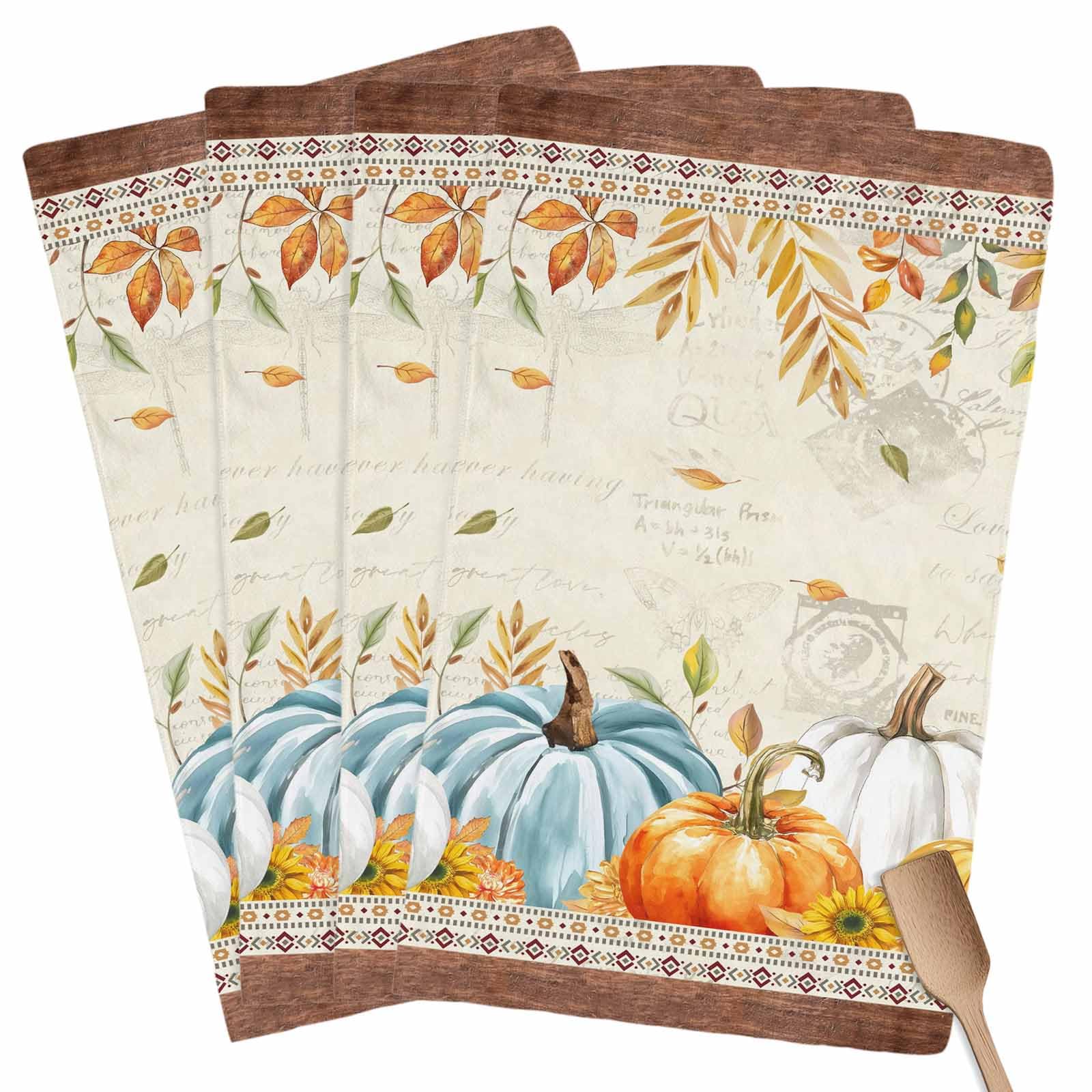 Fall Kitchen Towels Harvest Pumpkin Thanksgiving Hand Towels Leaves Sunflower Dish Towel Cleaning Cloth Soft Absorbent Quick Drying 4 Pack Dish Cloths for Kitchen, Bathroom Autumn Decoration