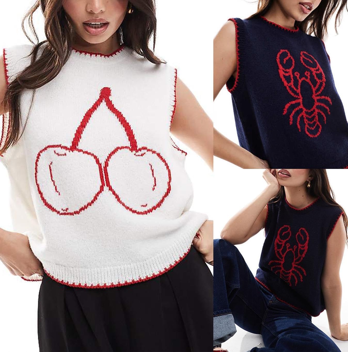 Women Graphic Sweater Vest Y2k Sleeveless Lobster Pullover Top Crew Neck Lightweight Fall Knit Tank Top - Image 6