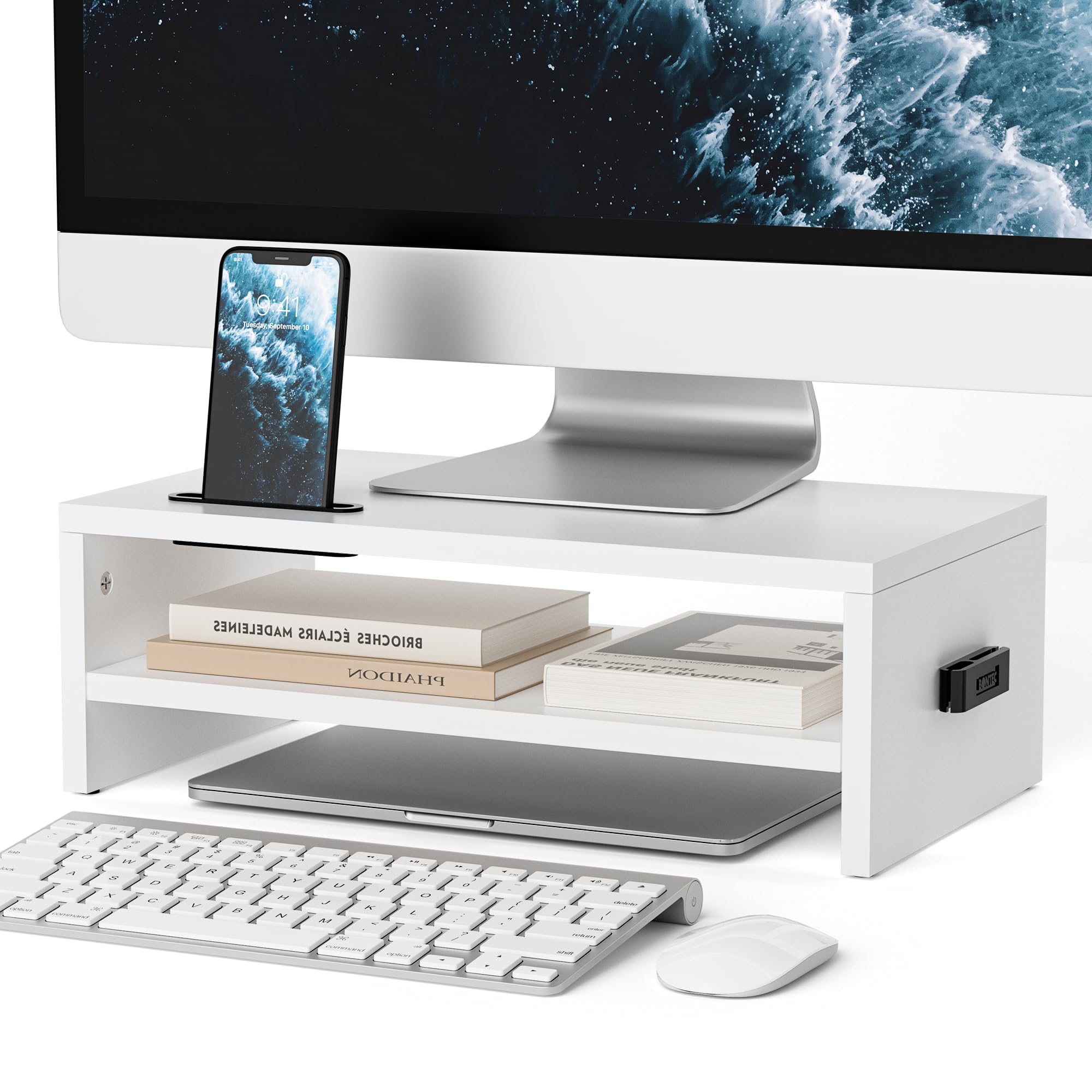 BONTEC Monitorständer 42 cm mit Handyfach, Stauraum und Kabelführung , Weiß | Bis 30kg belastbar, 2 Ebenen Ablage für Laptop, Notebook, iMac und Drucker, rutschfeste Füße, ideal für Büro und Homeoffice