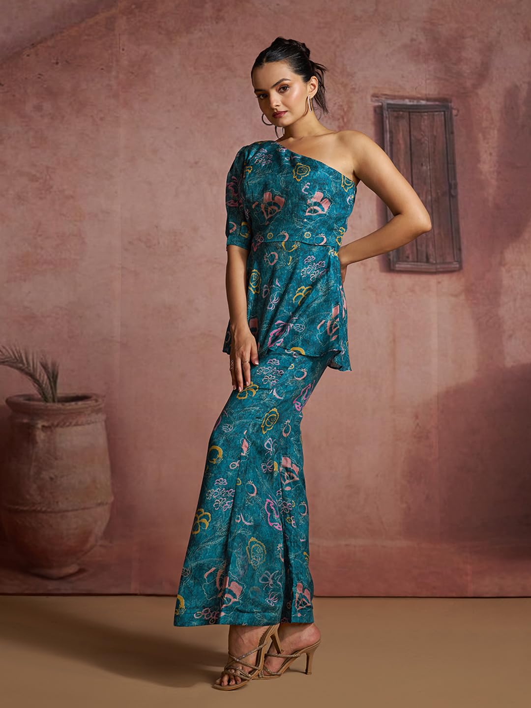 FUSIONIC Teal Floral One-Shoulder Peplum Top and Pants Set 2