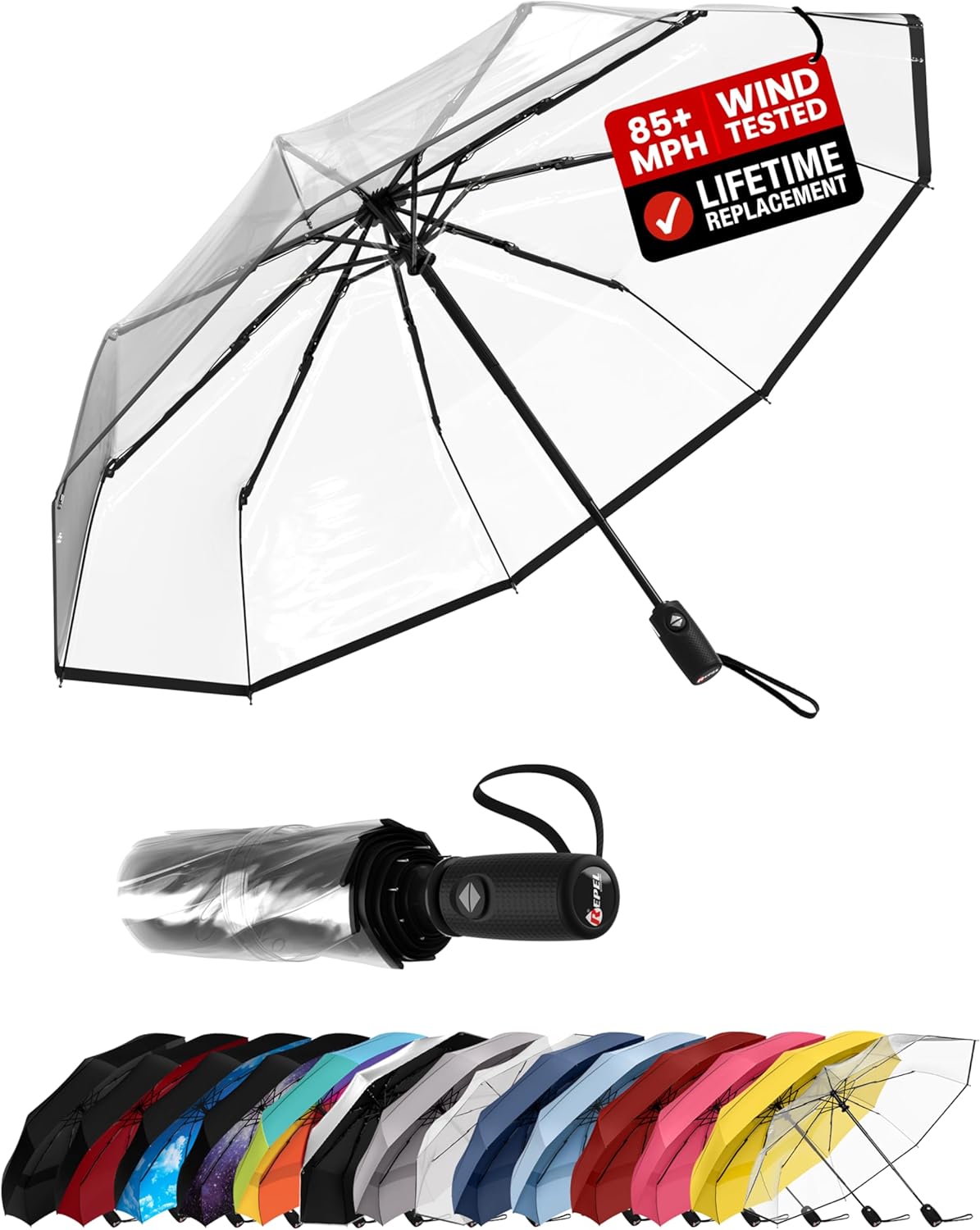 REPEL Windproof Travel Umbrella - Compact & Withstands Winds up to 85MPH , Strongest Premium Auto Folding Umbrella for Rain and Sun - Durable, Light & Portable for Women & Men , Fits Backpack & Cars Clear Top