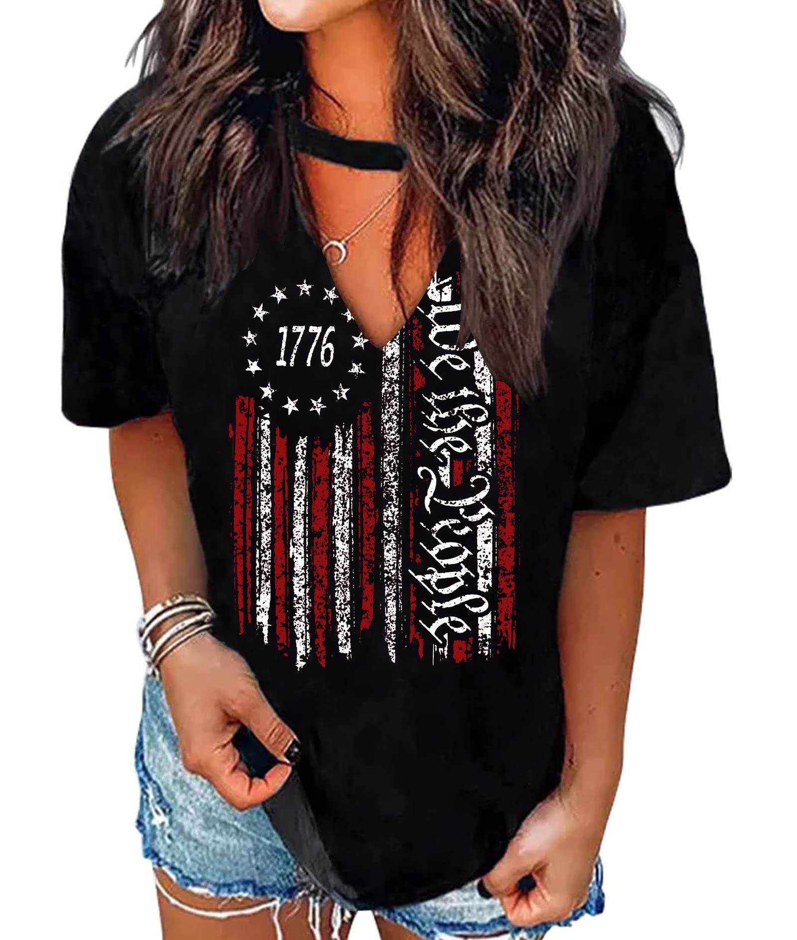 American Flag Shirt Tops Womens 4th of July T-Shirts Ring Hole Short Sleeve Sexy V-Neck Patriotic Tees
