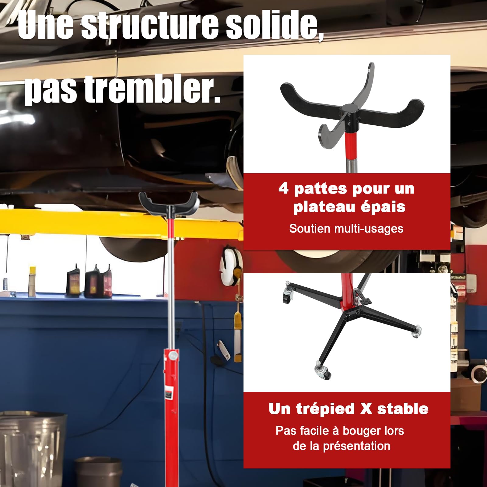 Vérin de Fosse pour Boîte de Vitesse Cric Transmission Hydraulique Appareil Levage Moteur 500kg Jack avec Rouleaux à Quatre Roues pour Voitures et Camions, Hauteur de Levage 113-186cm
