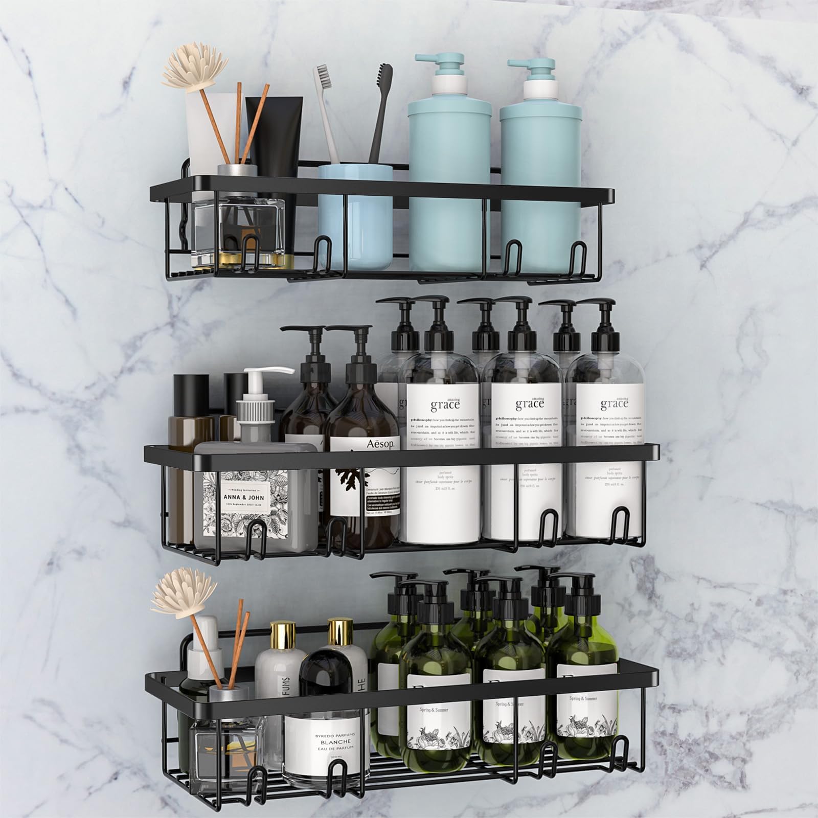 Shower Caddy Black - Bathroom Shelves Organiser No Drilling Adhesive Bathroom Shelf Wall Mounted, Rustproof Stainless Steel Shower Storage Shelves Rack for Shampoo Conditioner, 3 Pack