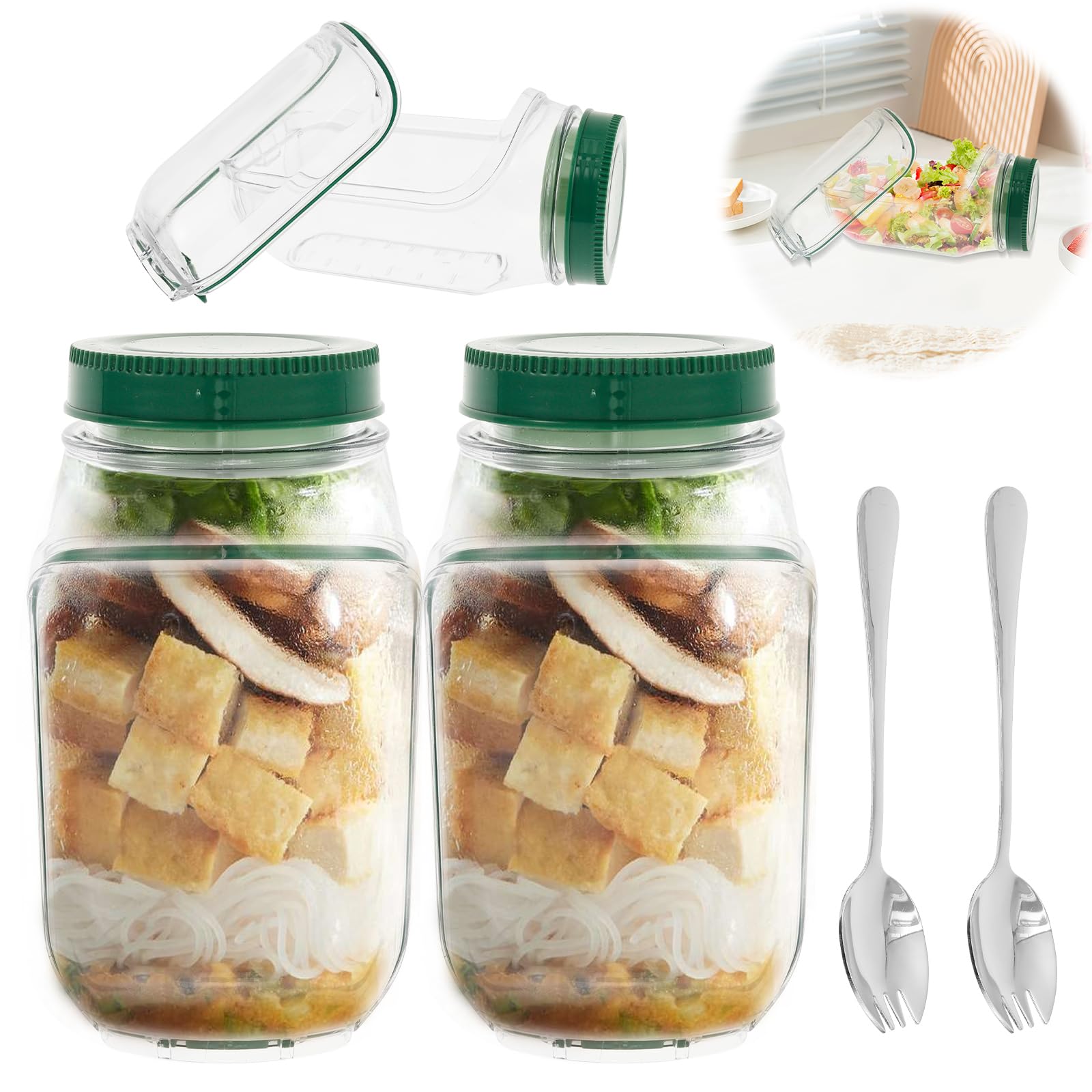 Yuekuntj Green 2Pcs Plastic Salad Pod Containers With Fork Detachable Lid Vertical Salad Container Dishwasher Safe Layering Salads Box Portable Fresh Salads Bowl For Office Picnic Camping