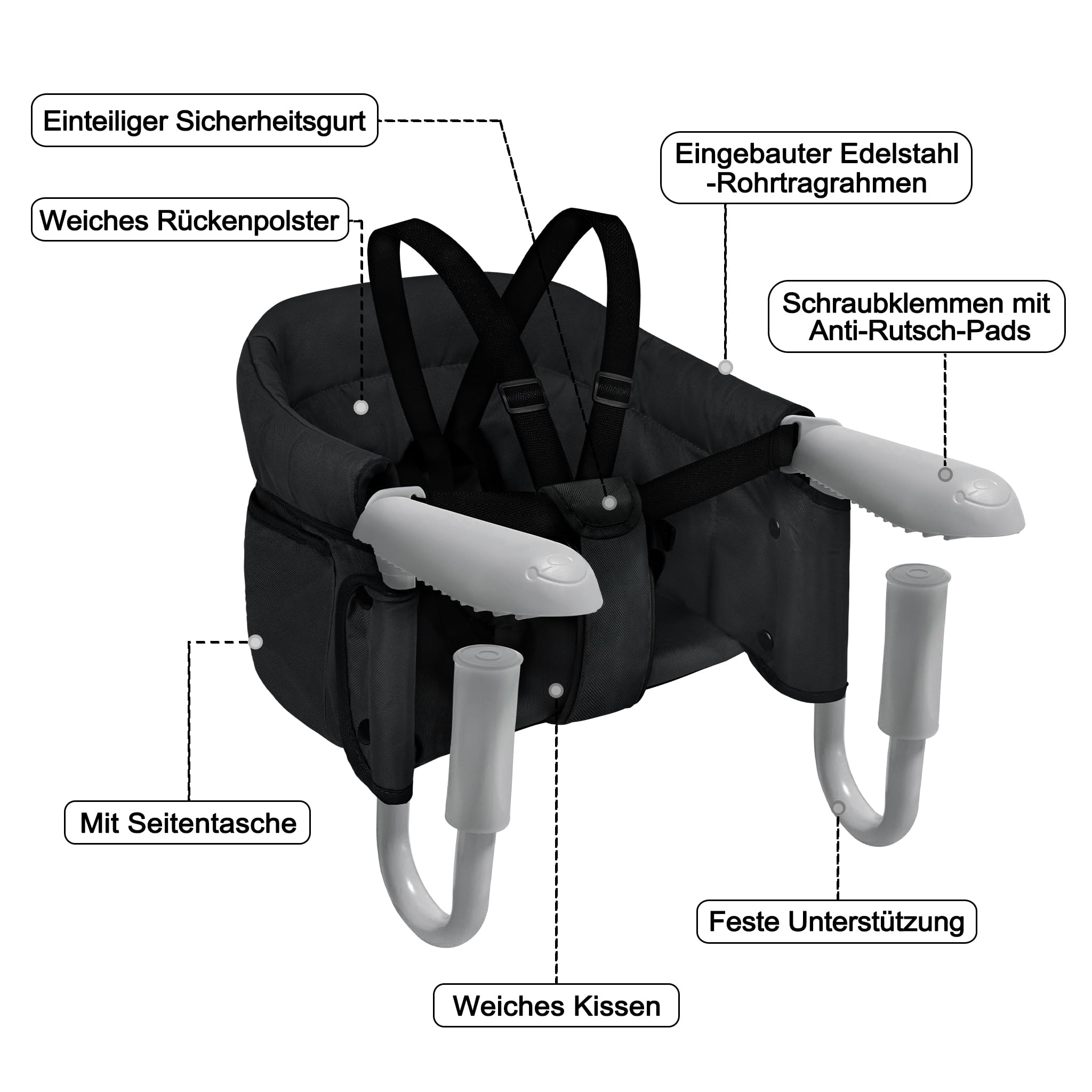 FIVMEN Seggiolino da tavolo pieghevole per bambini, con cintura di sicurezza monopezzo e schienale imbottito per casa e in viaggio, fino a 15 kg, nero
