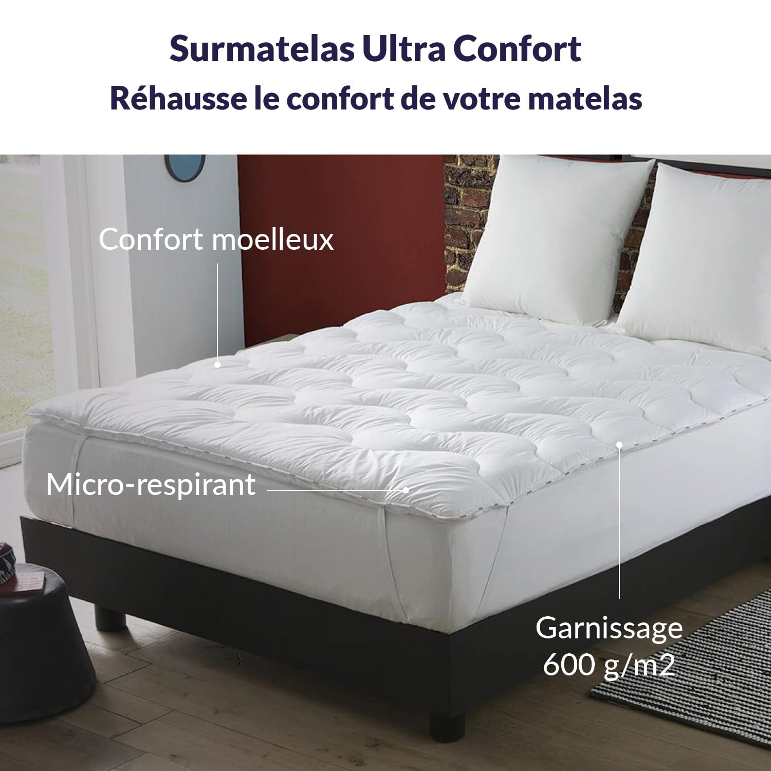 DODO - Surmatelas Ultra Confort 160x200 cm - pour Lit 2 Personnes - Micro-Respirant, Moelleux - Garnissage 100% Polyester Thermolite Reflex - 65% Polyester, 35% Coton - Lavable à 40°C