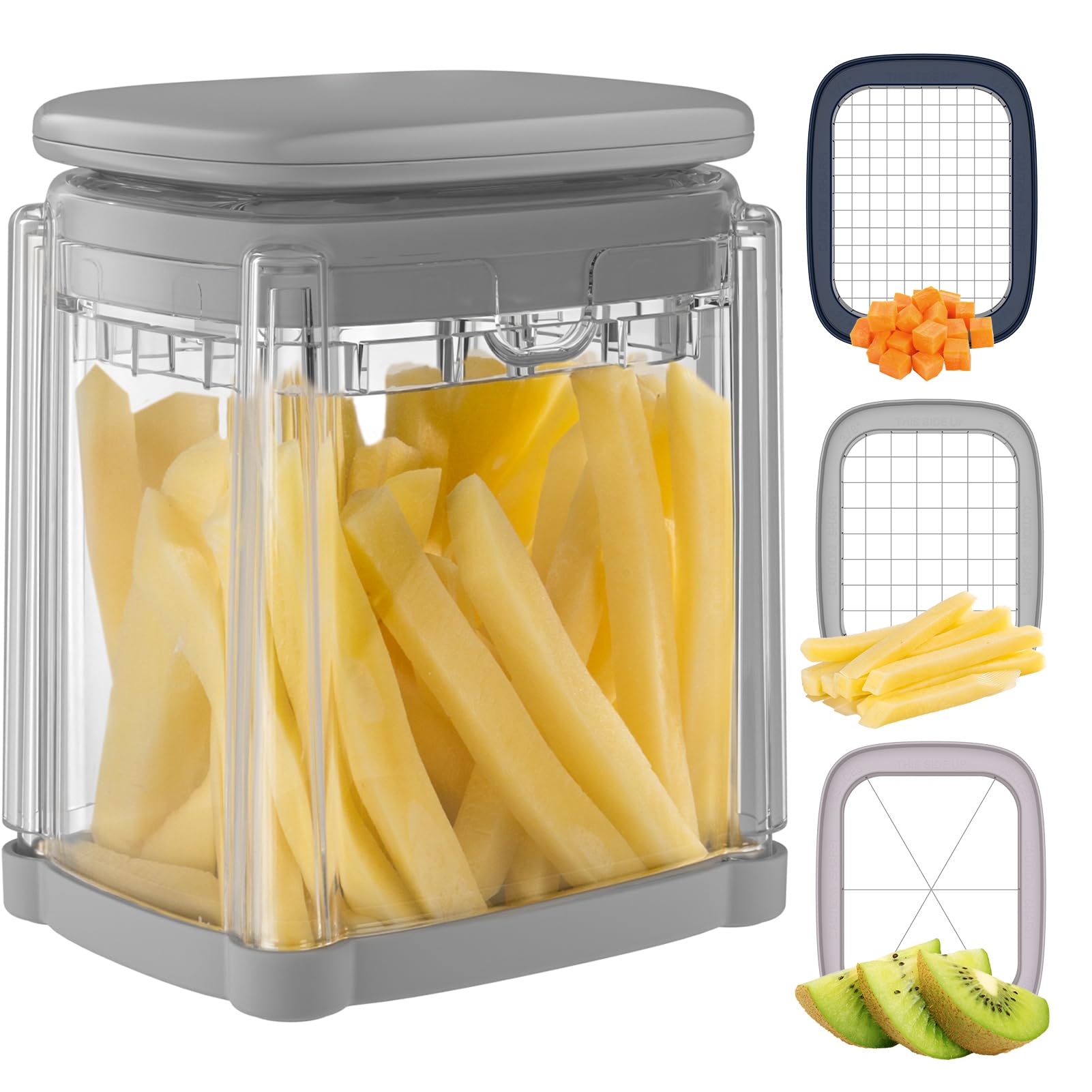 Vihoom Pommesschneider, Kartoffelschneider für Pommes Frites, Pommes Schneider mit 3 Edelstahl Klinge, Mehrzweck Gemüseschneider für Gemüse und Obst, Leicht zu Reinigen(Grau)