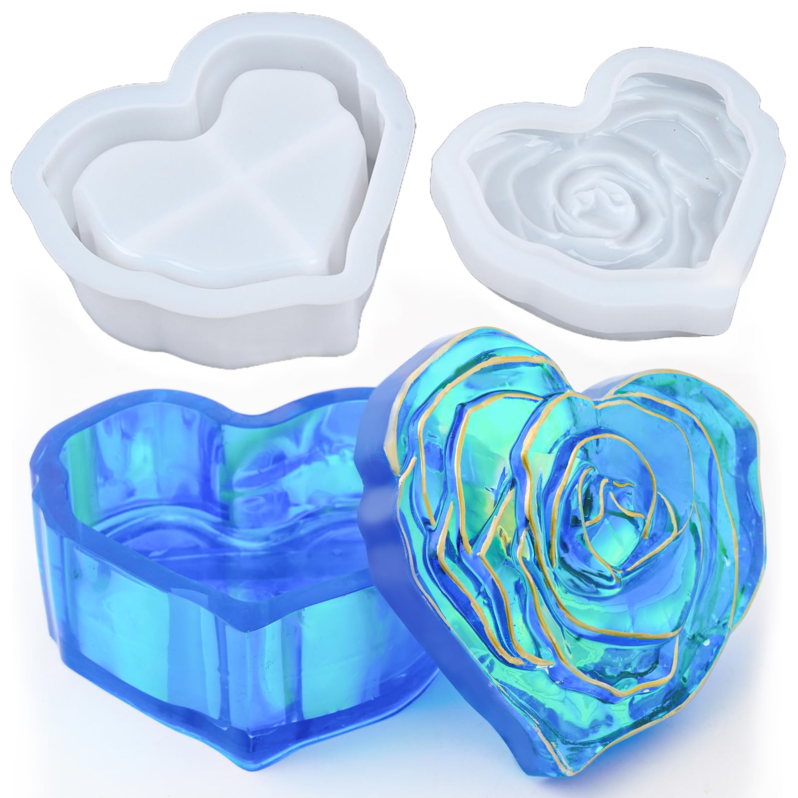 Heart Jar Resin Mold with Rose Lid Epoxy Resin Storage Box Casting Molds DIY Jewelry Trinket Candy Container Silicone Mould Concrete Cement Plaster Planter Candle Vessel Craft Silicone Molds