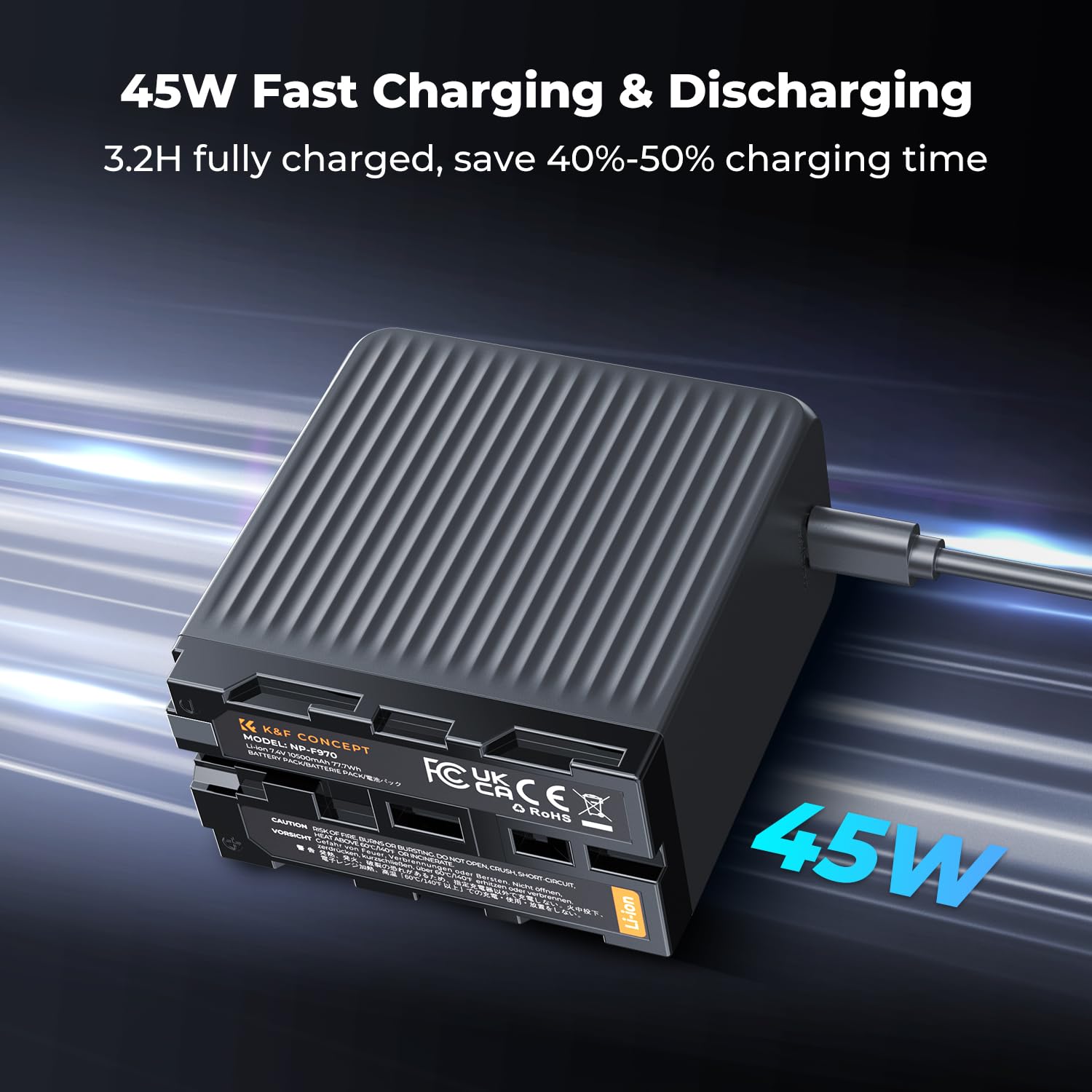 K&F CONCEPT NP-F970 Tragbares Ladegerät mit Touchscreen-Display 10500 mAh hohe Kapazität Zwei USB-C-/EIN USB-A-Ausgangsanschlüsse mit PD 45 W Schnellladefunktion