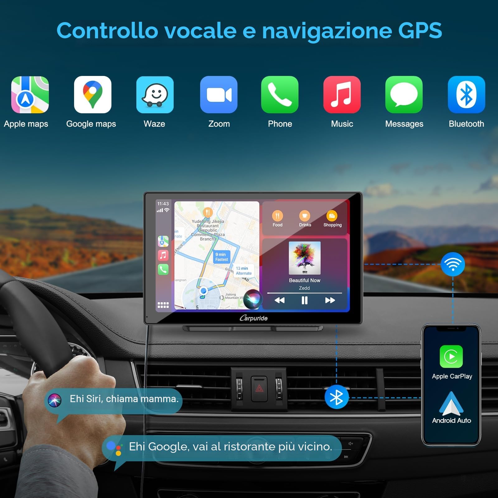Carpuride W905 Carplay Schermo con Dashcam, Senza Fili Carplay & Android Auto, 9" Touchscreen HD Portatile, 4K Fotocamera Anteriore & Backup, Registrazione Loop, Bluetooth, Mirror Link, GPS, Siri.
