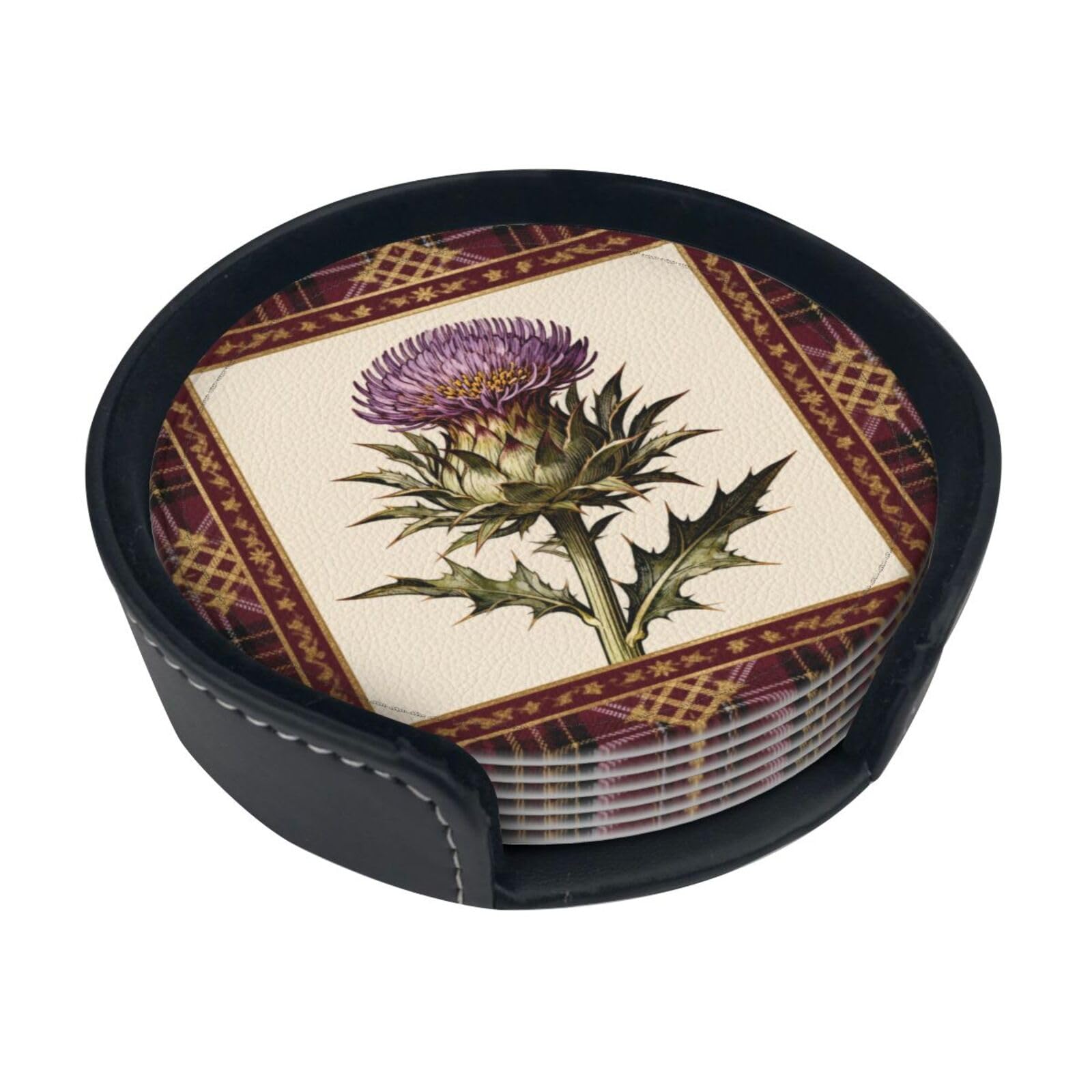 Delicate thistle Leather Coasters-Set of 6 with Storage Holder
