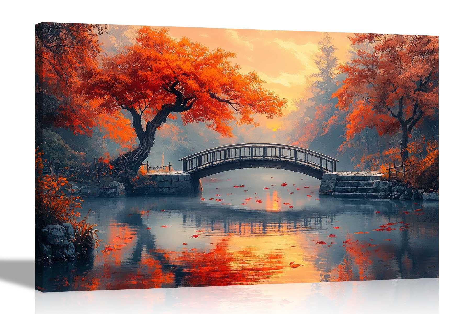 Artley Prints Autumn Footbridge Landscape - Autumn Landscape Footbridge Over Rivercanvas Wall Pictures For Bedroom Hallway Living Room Prints Home Office 40 X 30Cm (16 X 12 Inches) A3