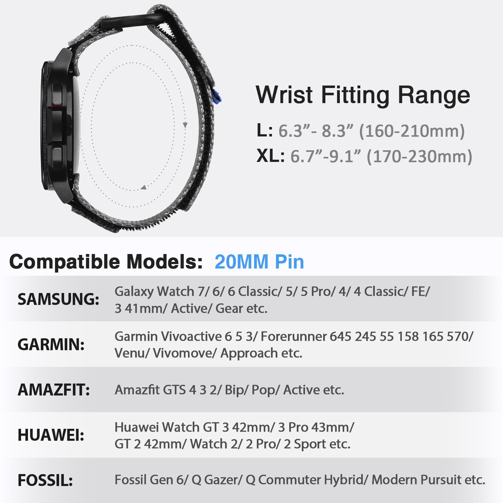 Nereides 20mm Watch Band Compatible with Samsung Galaxy Watch 7 6 5 4 FE 40mm 44mm/6 4 Classic/5 Pro, Nylon Sport Strap Compatible with Garmin Vivoactive 6 5 3/Forerunner 645 55 245 (XL, Grey) - 4