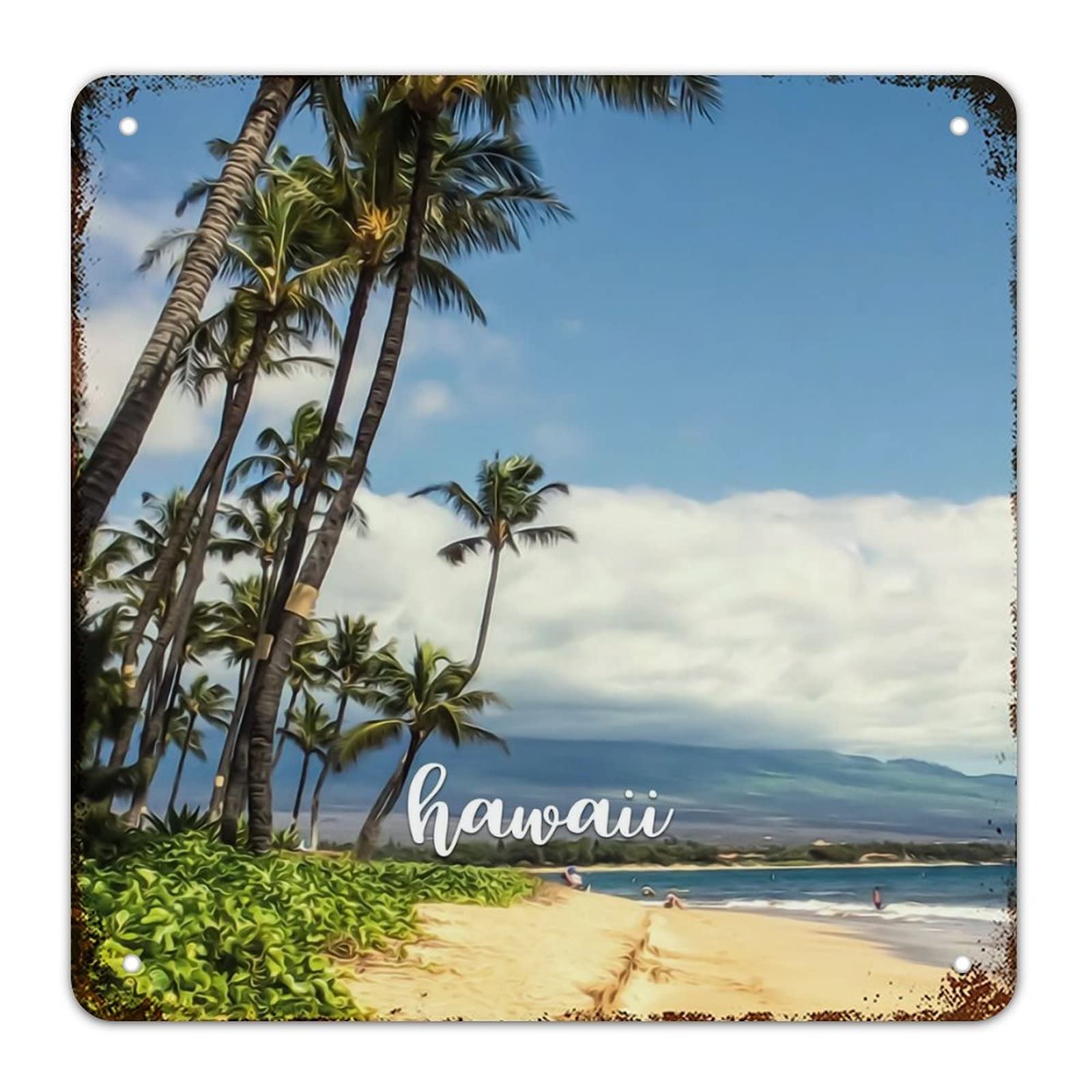 Plaque métal vintage Hawaii USA paysage plage décoration murale rustique de salon