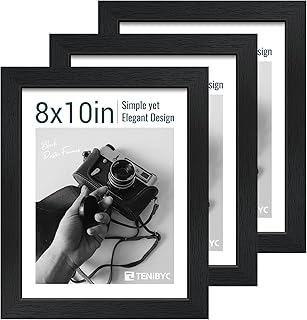 8x10 Picture Frame Set - 3 Pack, Textured Black Solid Wood, HD Tempered ...