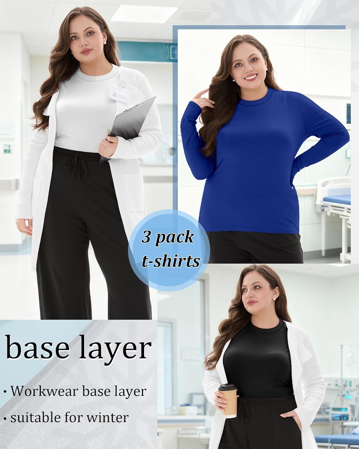 3 Pack Women's Plus Size Underscrub Shirts, Long Sleeve Crew Neck Tops Fitted Layering Basic Tee for Nurse - Image 6