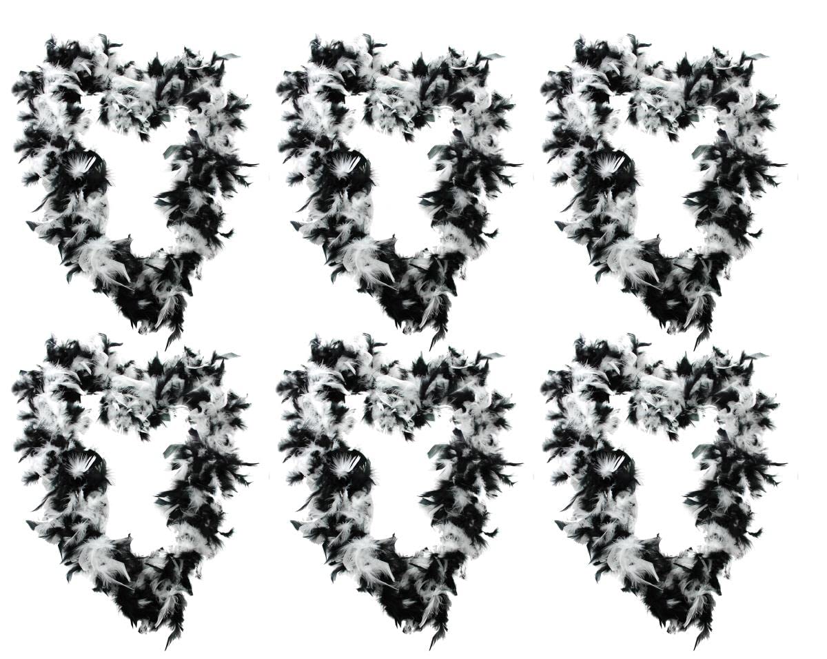6 x Federboa, 65 g, dick, für Junggesellinnenabschied, Kostüm, Flapperboas in 10 Farben, Burlesque-Federn (Schwarz-Weiß-Mix)