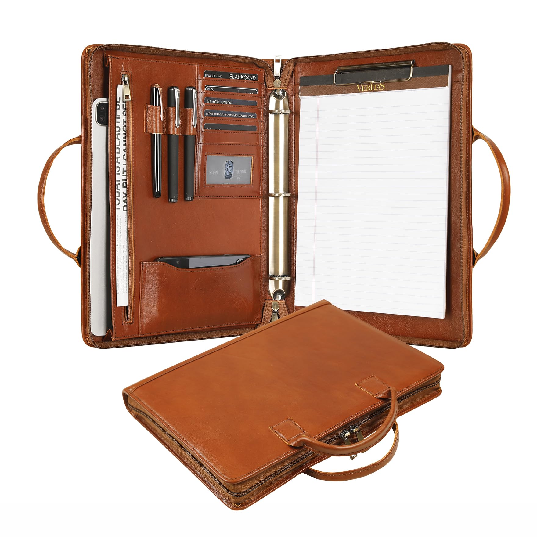 - Leather Portfolio Binder with Clipboard, Letter Size Notepad Padfolio with Handle, Work Portfolio Organizer for Men, Oil Brown, Non-Custom