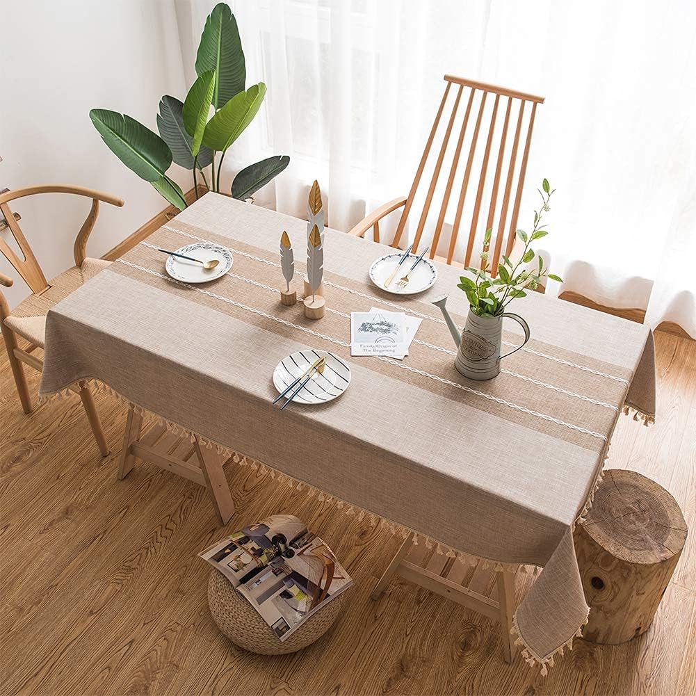 Lipo Waterproof Tablecloth Embroidery Burlap Linen with Tassel - Heavy Duty Wrinkle Free Rectangle Table Cloth for 6 Foot Tables Rustic Farmhouse Tablecloths for Outdoor Indoor Use 55x86 Light Brown : Home & Kitchen
