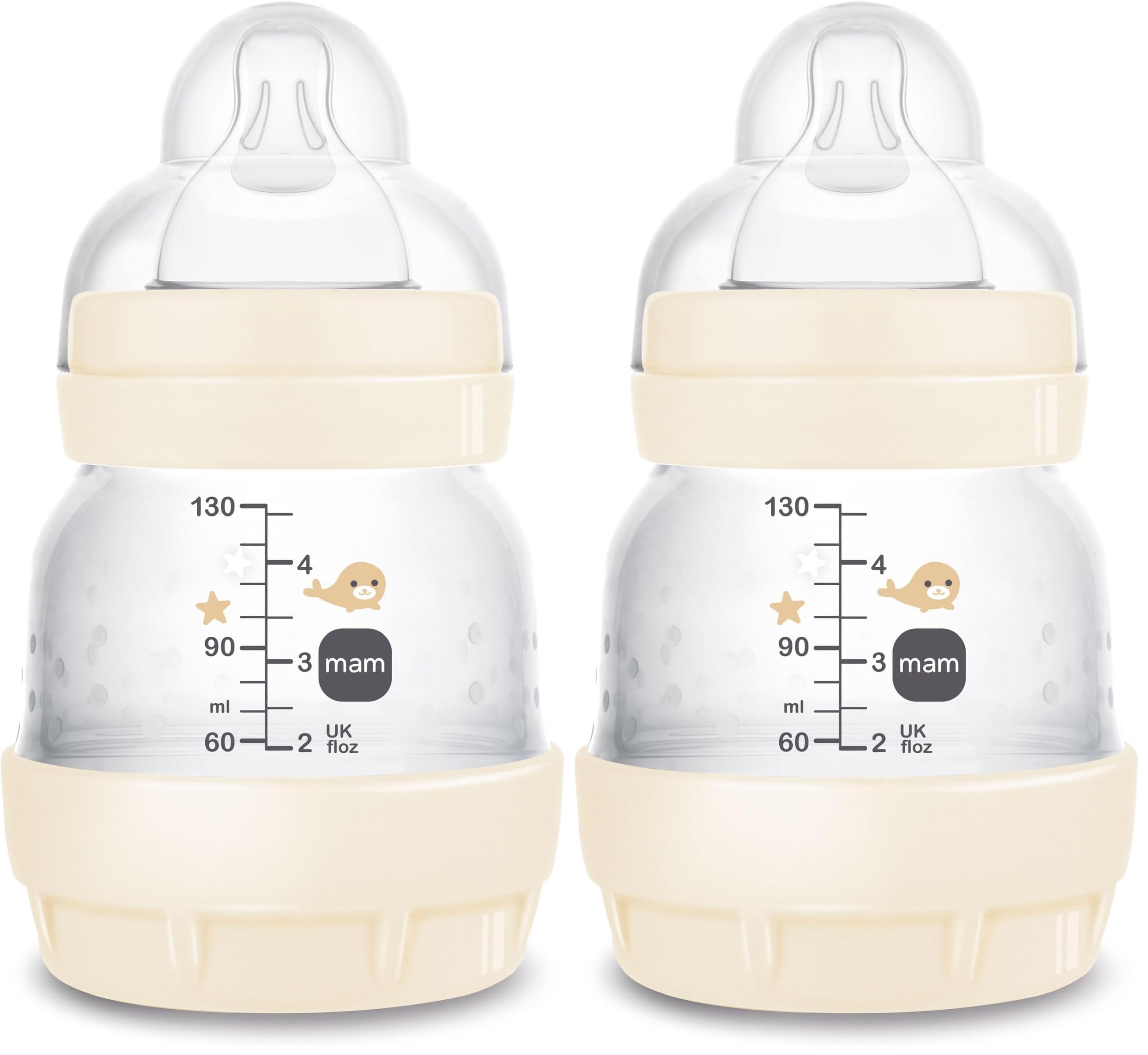 MAM Easy Start Babyflasche, 130 ml, Anti-Kolik-Fläschchen, gemischtes Stillen, reduziert Luftblasen und Koliken, selbststerilisierendes Babyzubehör, Größe 1, neutral (Packung mit 2)