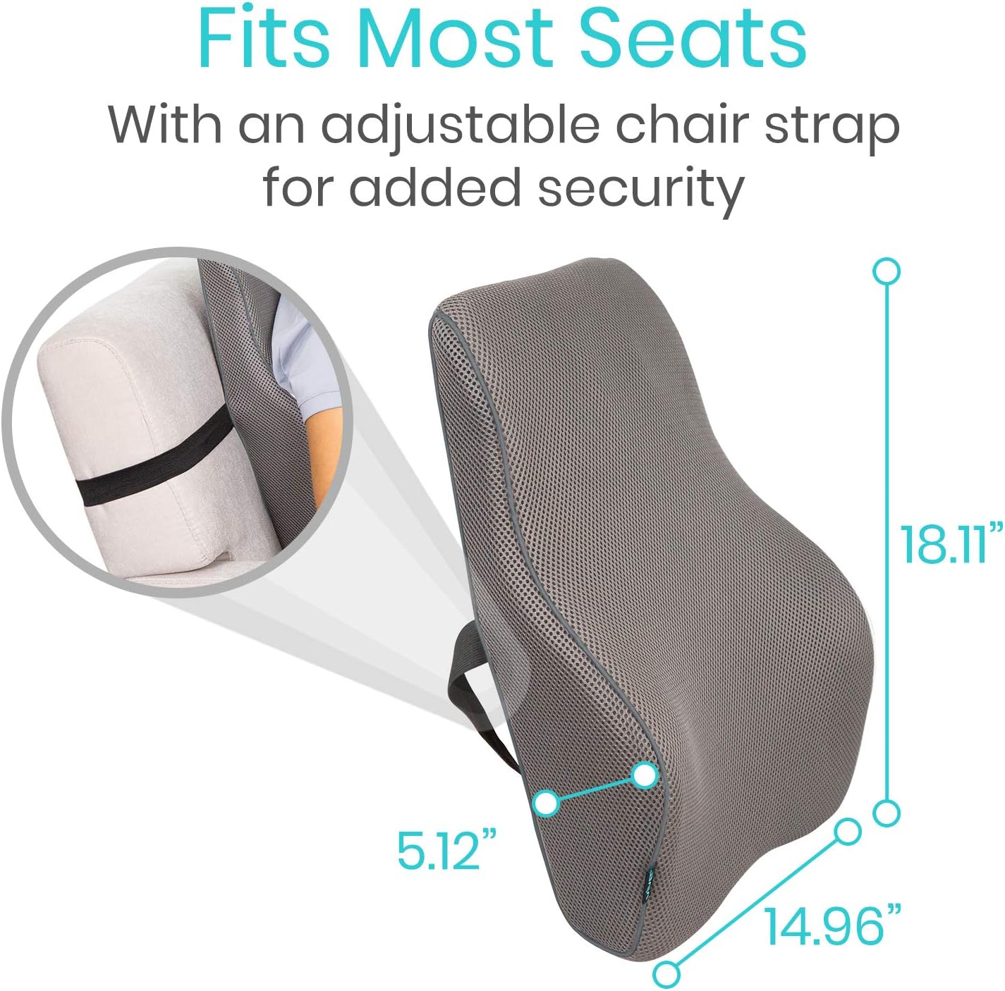 Vive Full Lumbar Cushion - Memory Foam Contour Support for Lower Back Pain - Ergonomic Pressure Relief for Office Chair, Car - Large Mesh Orthopedic Seat Backrest Roll for Improving Posture (Gray)