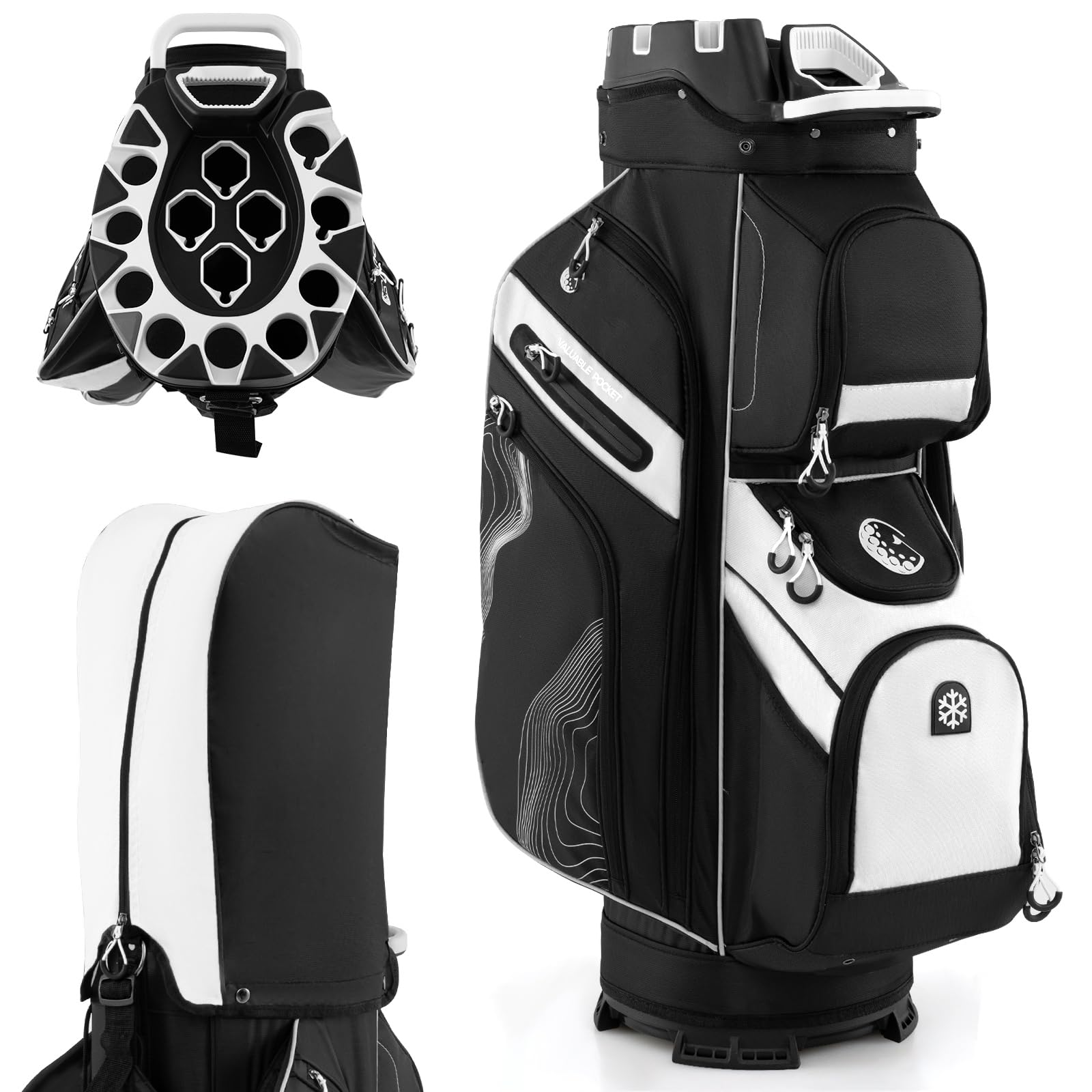 GYMAX Golf Cart Bag, 14-Way Dividers Lightweight Portable Golf Club Bag with Molded Lock Top, 11 Pockets, Cooler Bag, Rain Hood, Shoulder Strap, Golf Bags for Men Women (Black+White)