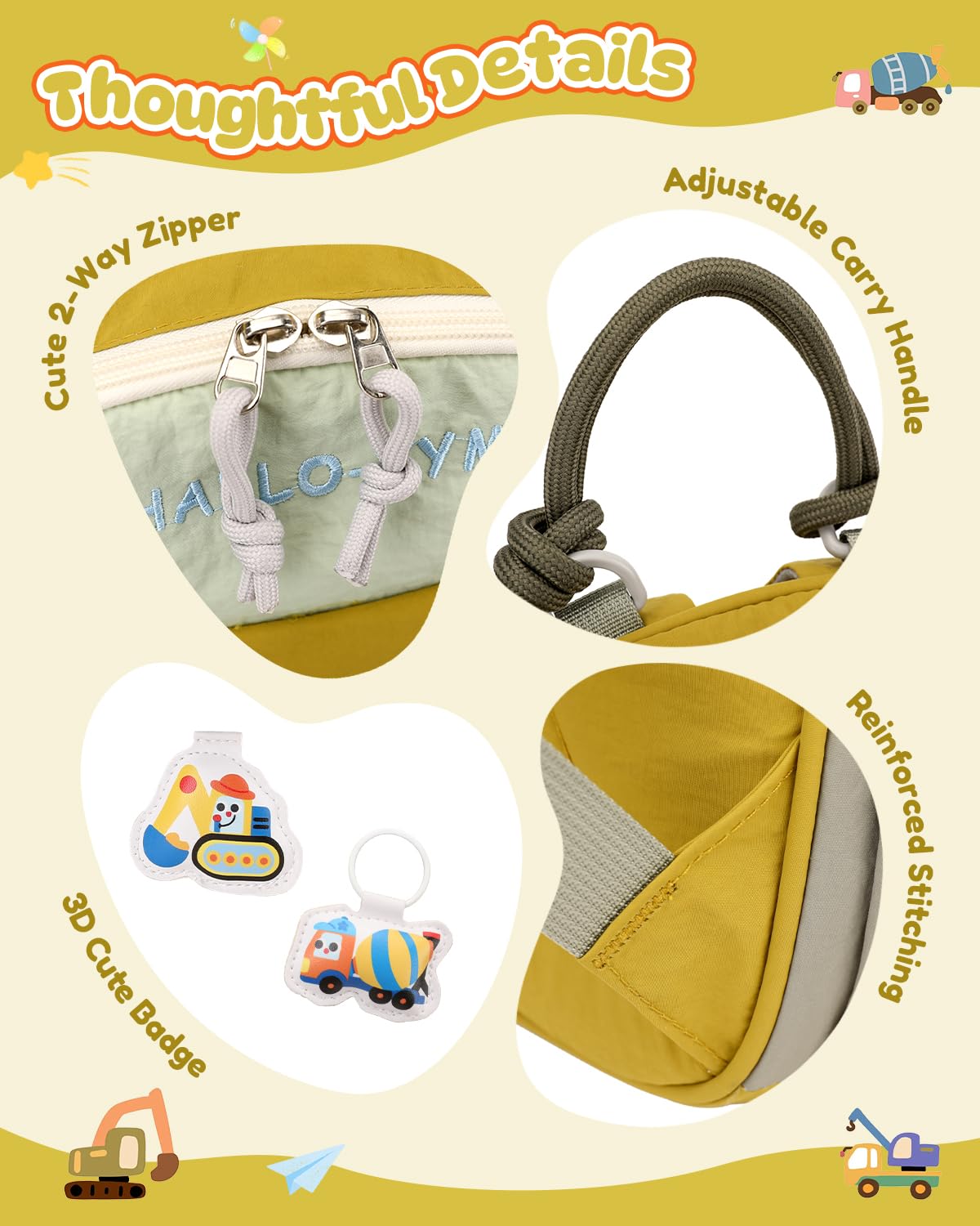 PROTAURI Mochila Infantil con Correa Pectoral Reflectante, Mochila Guardería Niño Ligera e Impermeable, Mochila Bebé Guardería con Motivo 3D Excavadora para 2-5 Años, 9.6L, Verde
