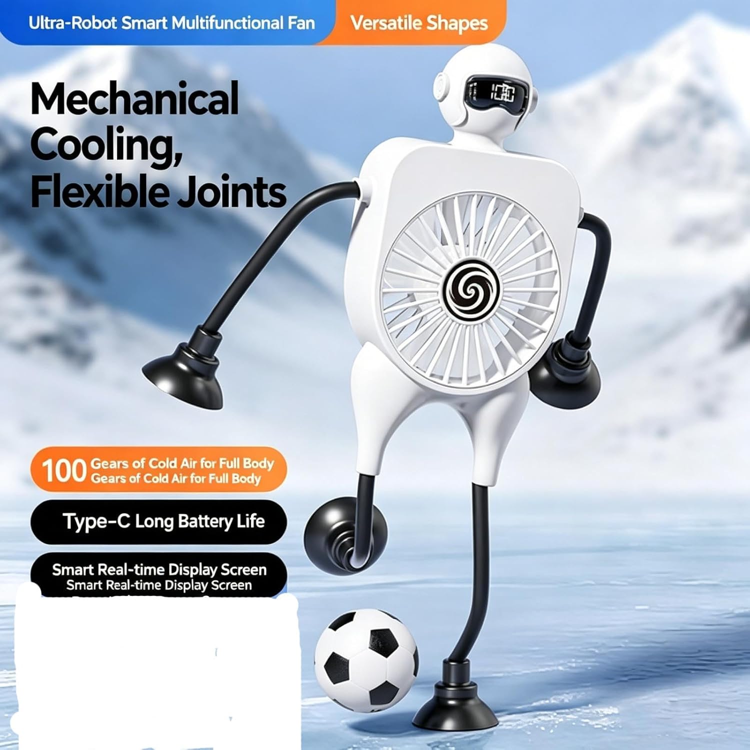 Flexible Robot Portable Desk Fan, 100-Speed Rechargeable Fan with 4 Suction Cups, LED Display Quiet Brushless Motor, Multi-position Mountable for Car Stroller Home Office Camping (White)