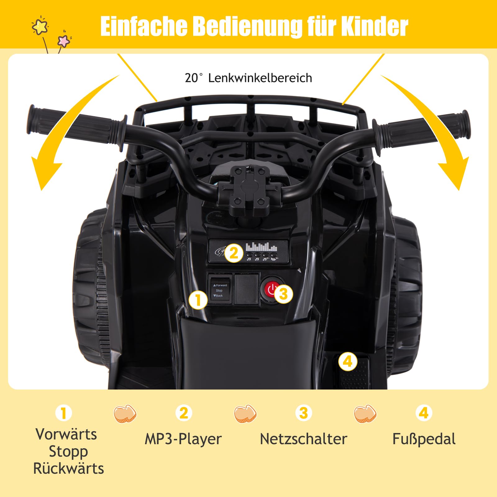 COSTWAY 6V Kinder Quad Elektro, Kinderquad mit Vorwärts-, Rückwärtsfunktion, Elektroquad mit LED-Scheinwerfern, Aufbewahrungskorb & Musik, Elektroauto ATV für Kinder ab 2 Jahren (Schwarz)