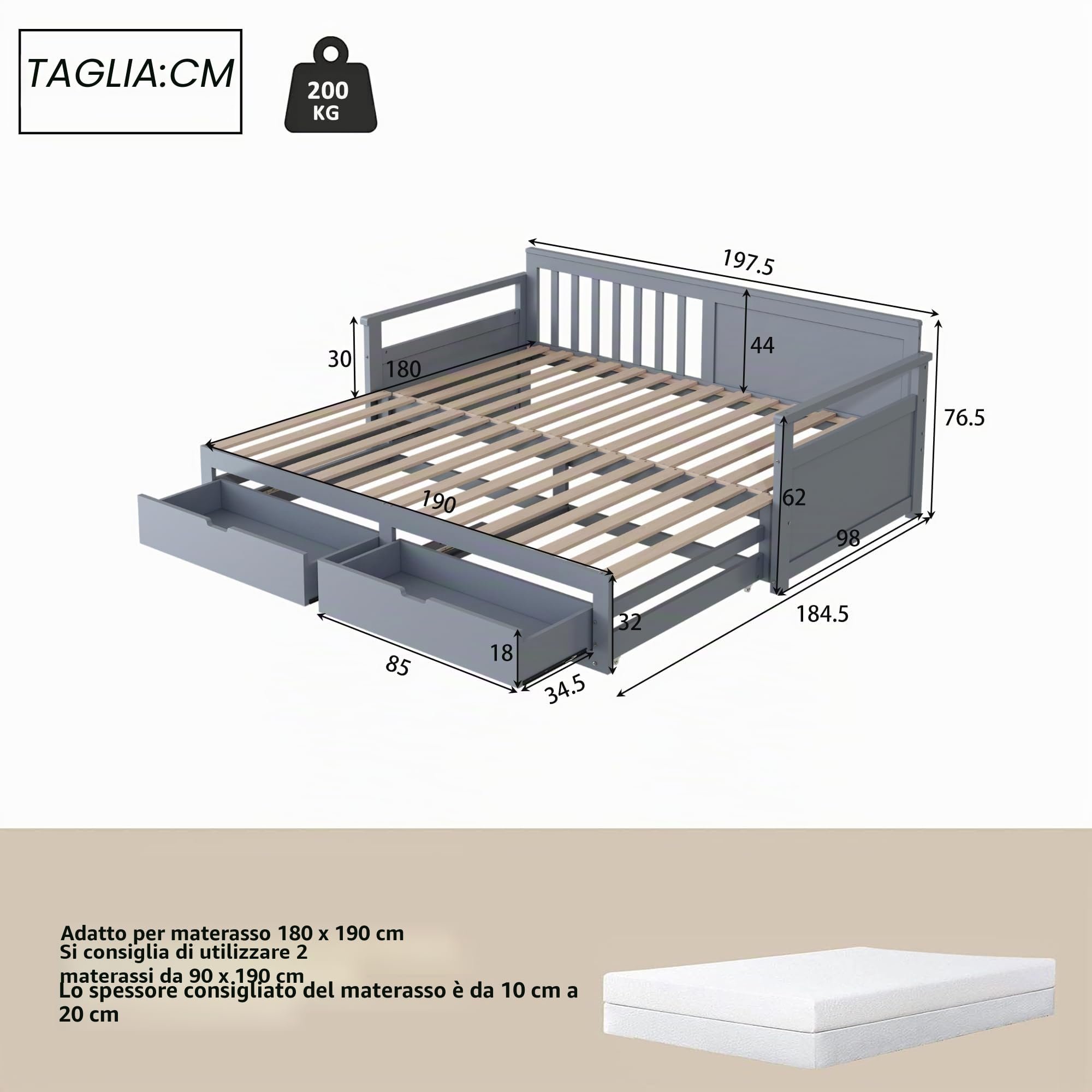 Moimhear Letto matrimoniale multifunzionale due in uno con letto in pino, cassetti e letto estraibile (grigio), LDB00105