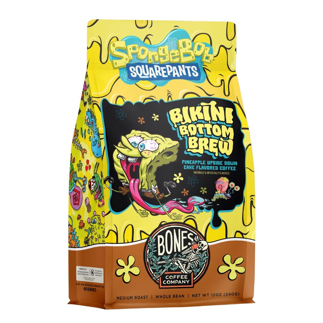 Bones Coffee Company Spongebob Bikini Bottom Brew, Pineapple Upside Down Cake Flavored Coffee, Medium Roast Low Acid Arabica Beans For Auto drip and