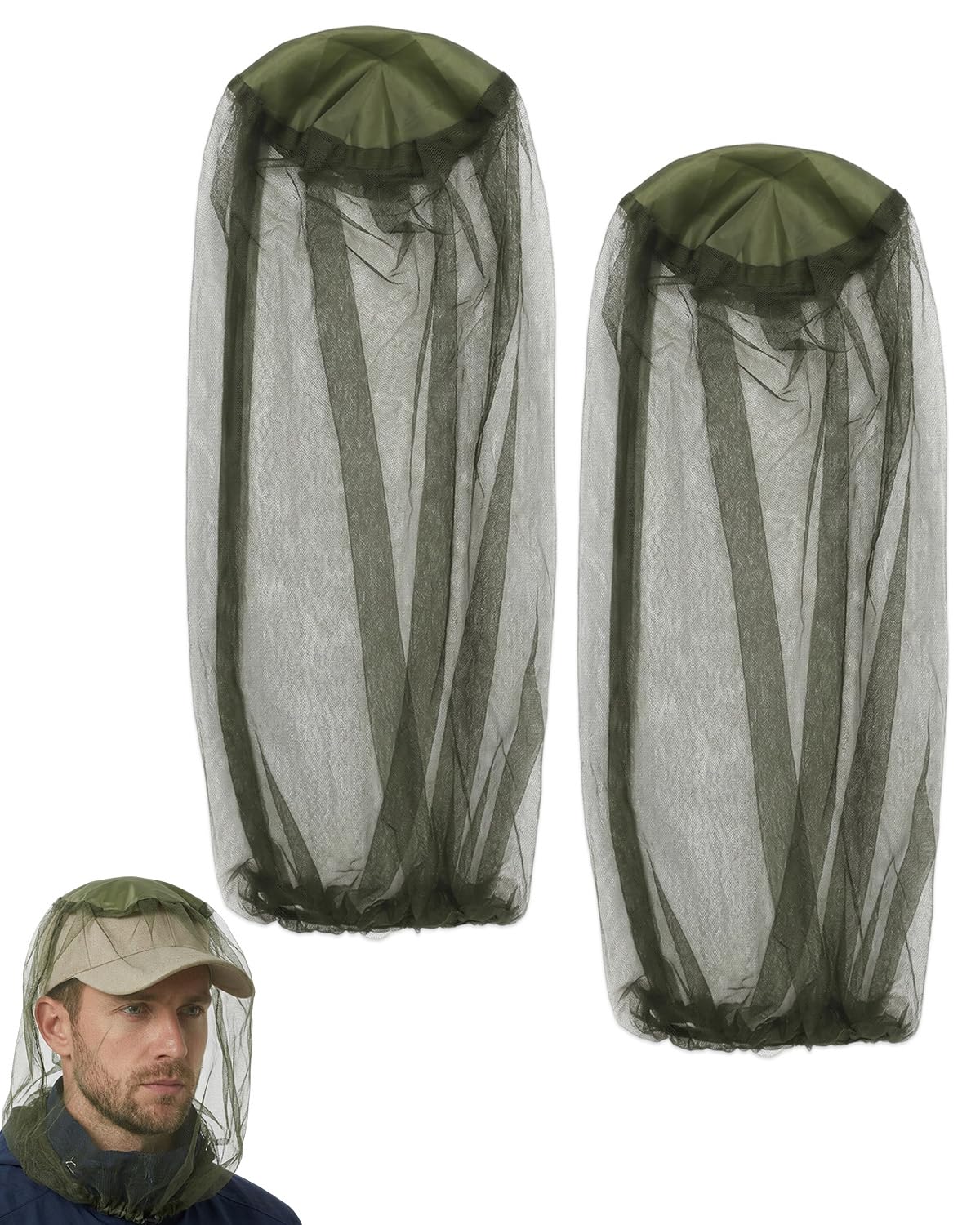 Cappello Zanzariera 2 Pezzi Verde Militare, con rete a maglie fini per protezione integrale traspirante da zanzare e insetti in Outdoor, Escursioni, Giardino.